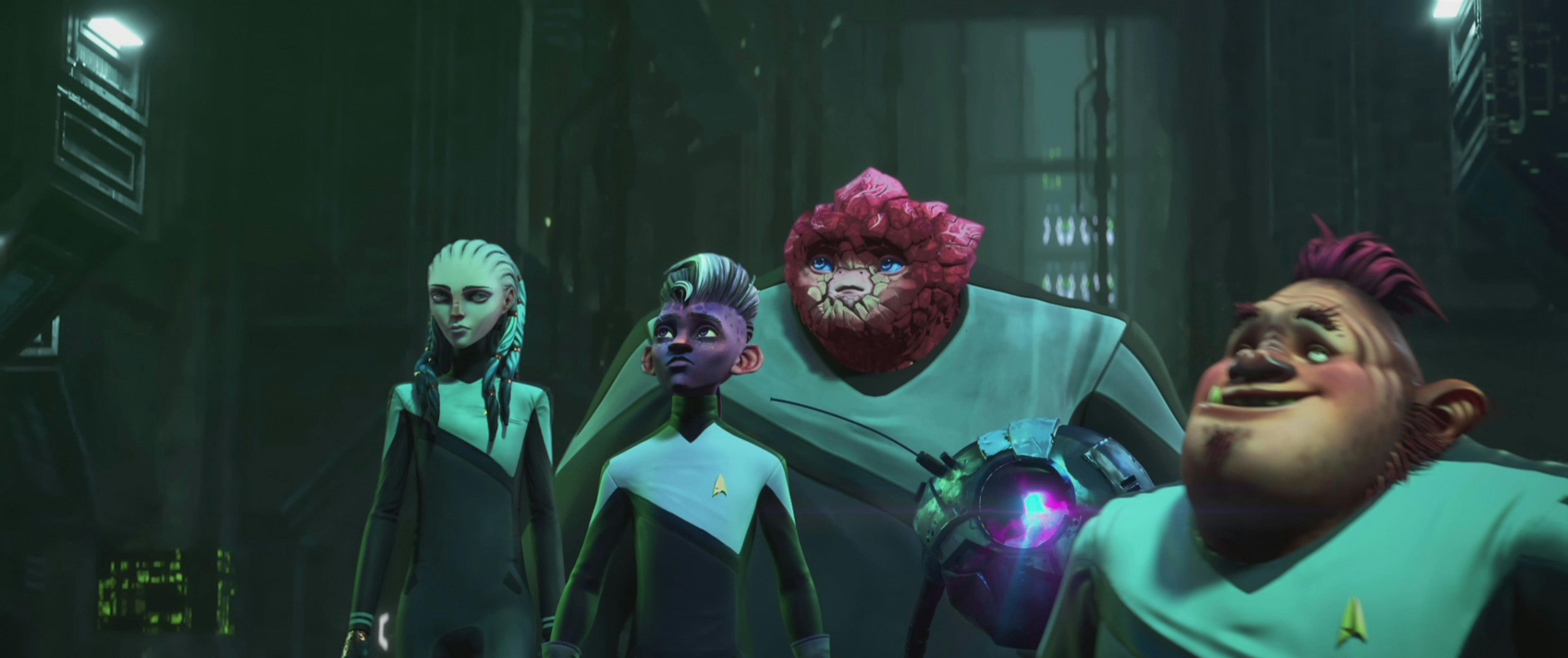 Gwyn, Dal, Rok-Tahk, Zero, and Jankom Pog board the Borg Cube on Star Trek: Prodigy