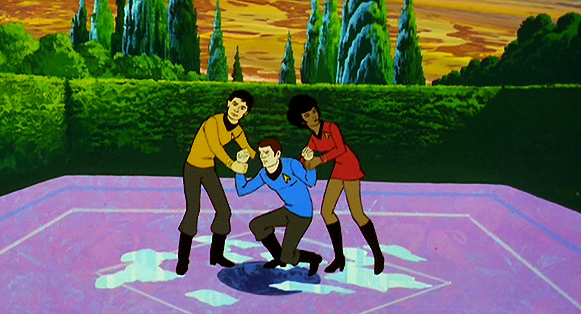 Sulu and Uhura offer aid in lifting McCoy up after enduring a prank in the rec room in 'The Practical Joker'
