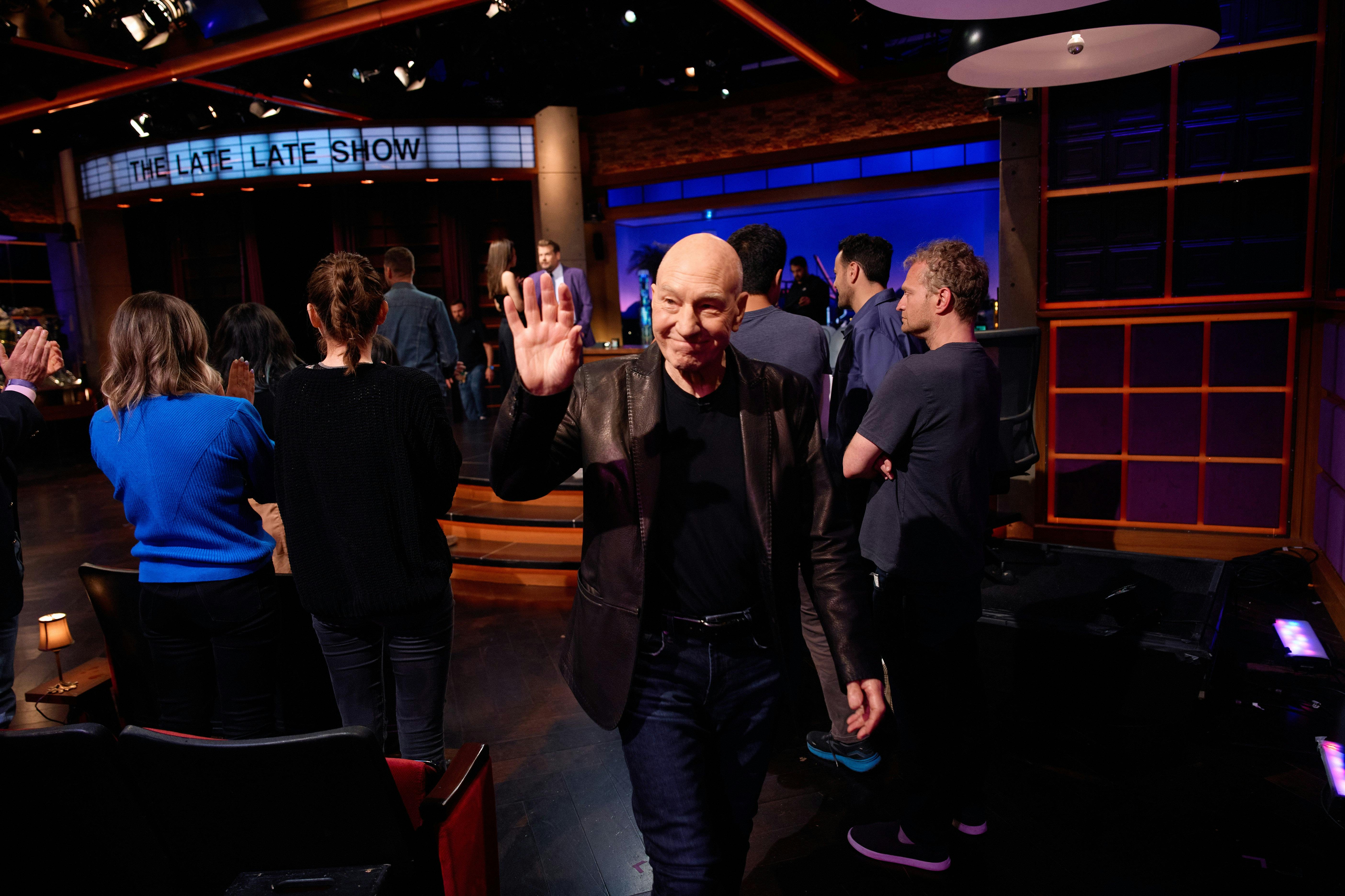 Patrick Stewart exiting the stage at The Late Late Show with James Corden