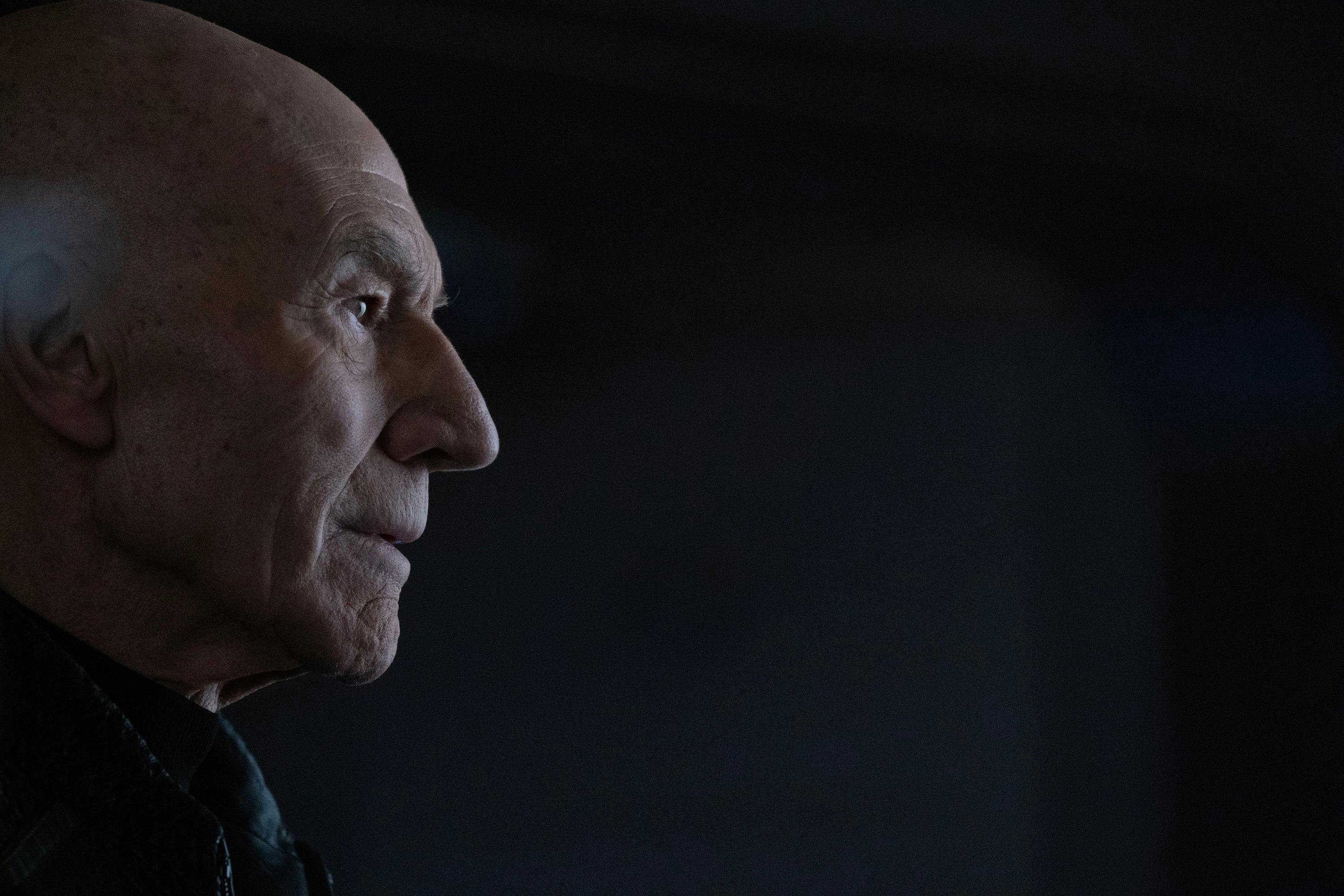 Close-up profile portrait of Jean-Luc Picard in 'Vox'