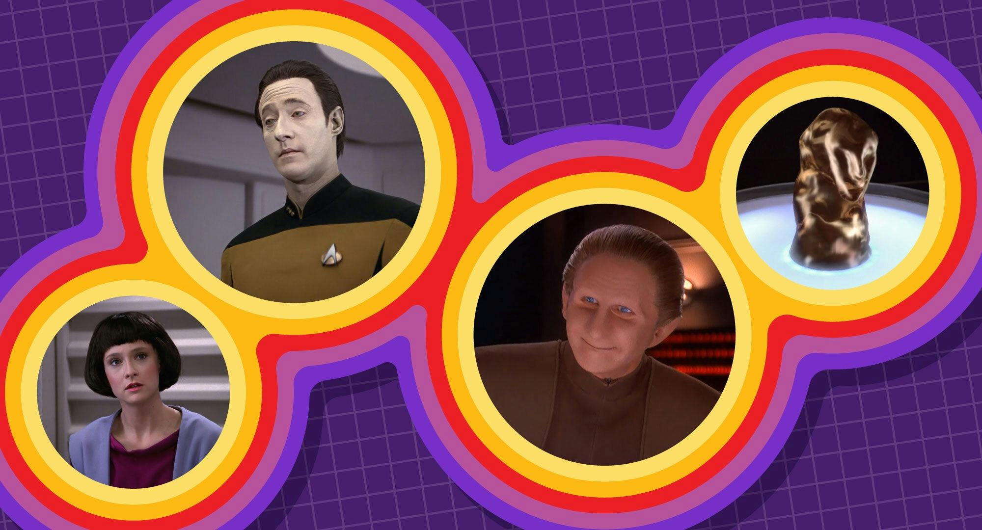 Illustrated banner featuring stills of Data, Lal, and Odo