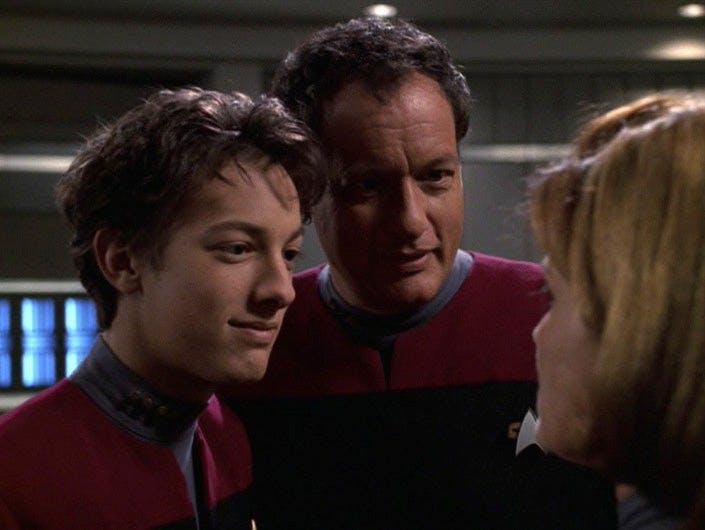Q leaves his son on the Voyager with Janeway in 'Q2'
