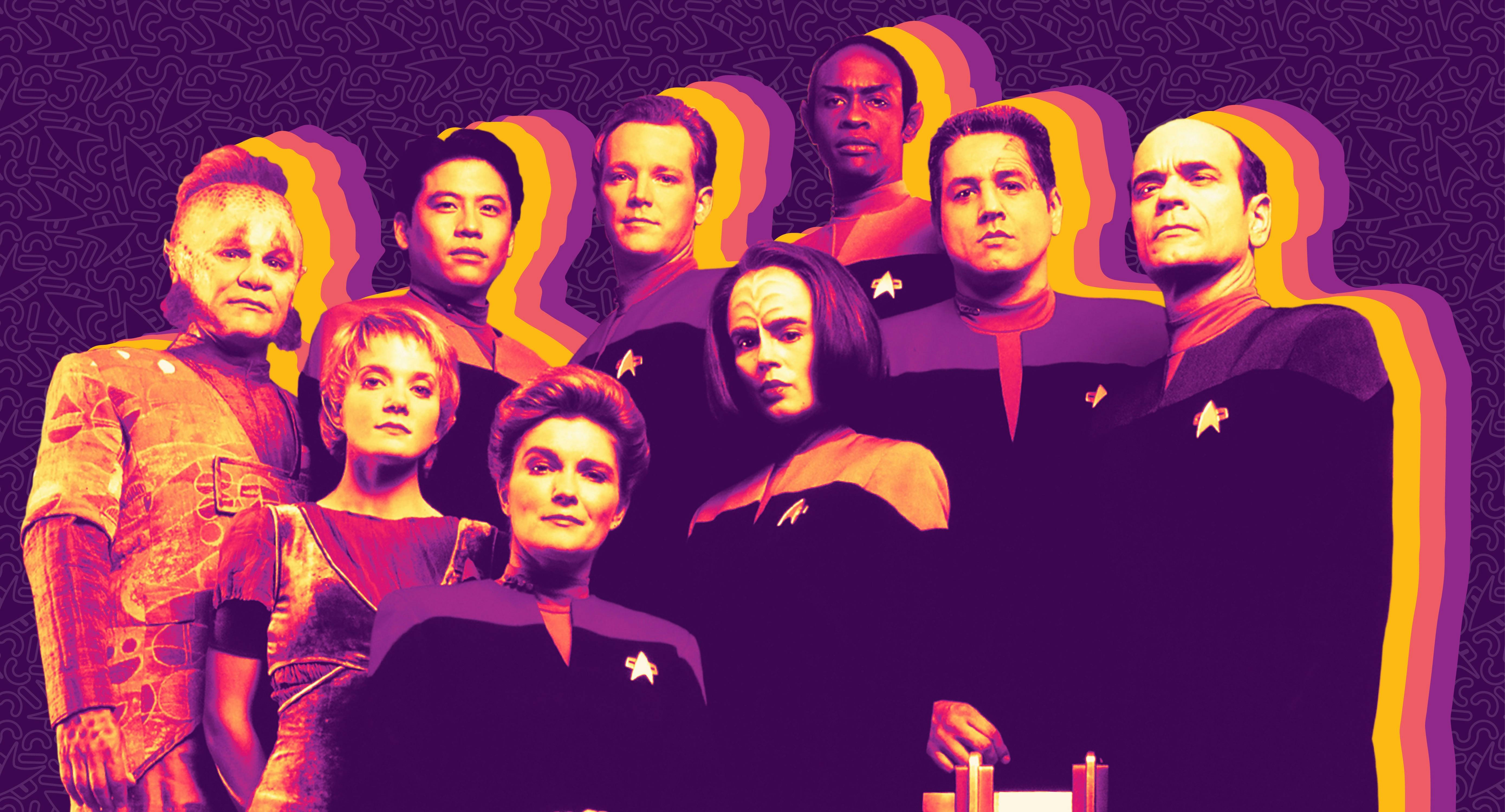 Illustrated banner of the Star Trek: Voyager series cast photo
