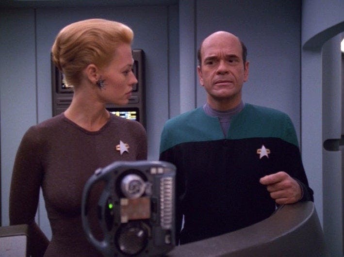 Seven of Nine talks with The Doctor on a season 5 episode of Star Trek: Voyager
