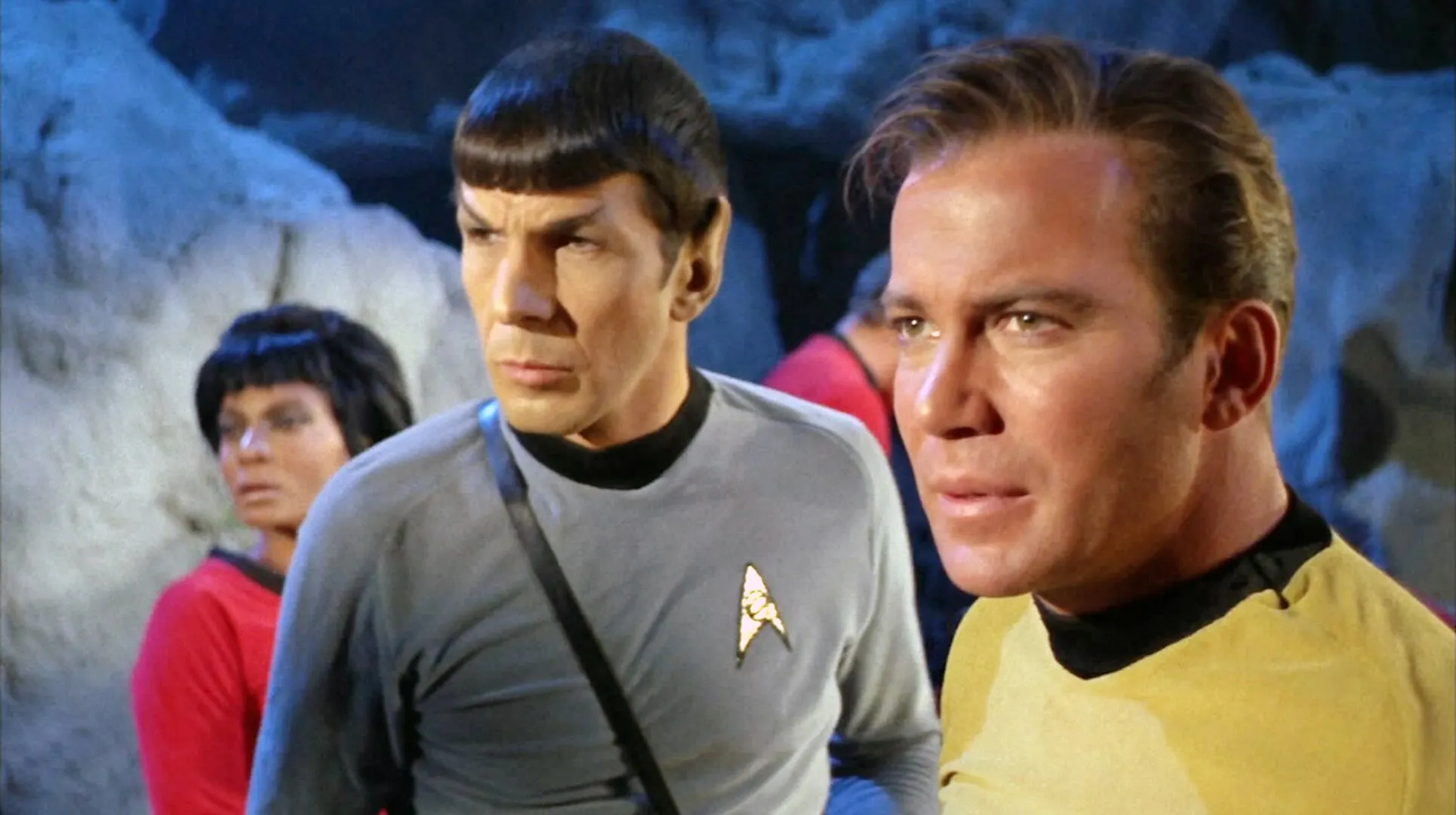 Nichelle Nichols as Uhura, Leonard Nimoy as Spock and William Shatner as Kirk in the original series of Star Trek.