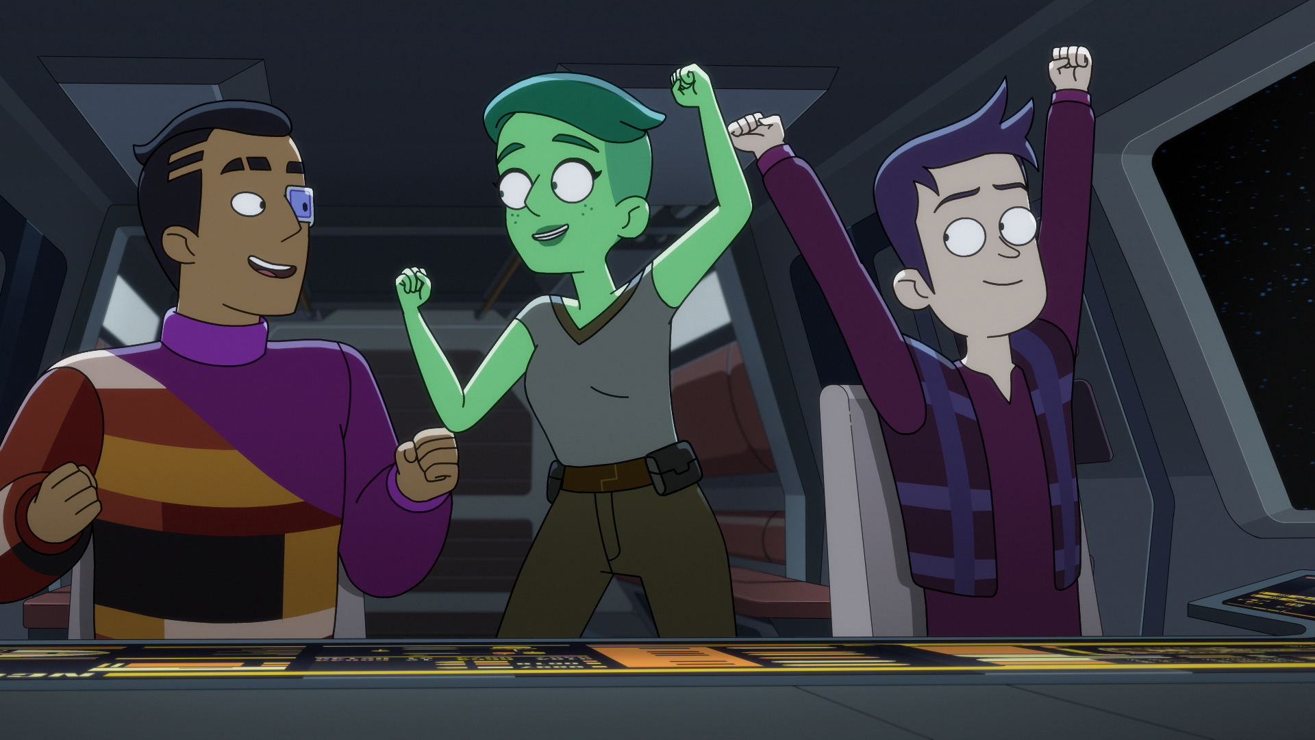 Rutherford, Tendi and Boimler aboard a transporter trying to get back to the Cerritos in Star Trek: Lower Decks