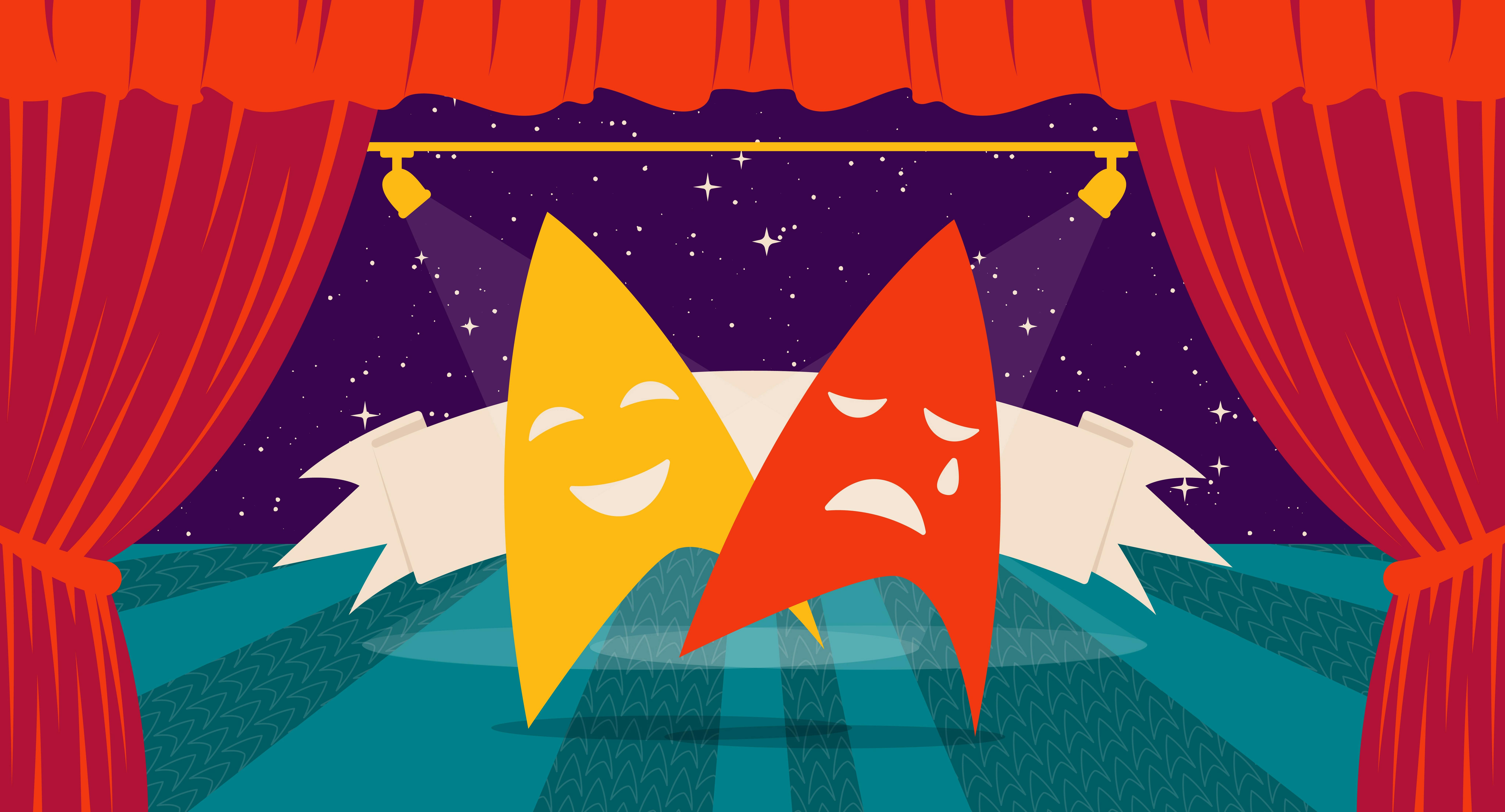 Two Starfleet deltas - one with a smiling face and the other with a sad face - stand center stage.
