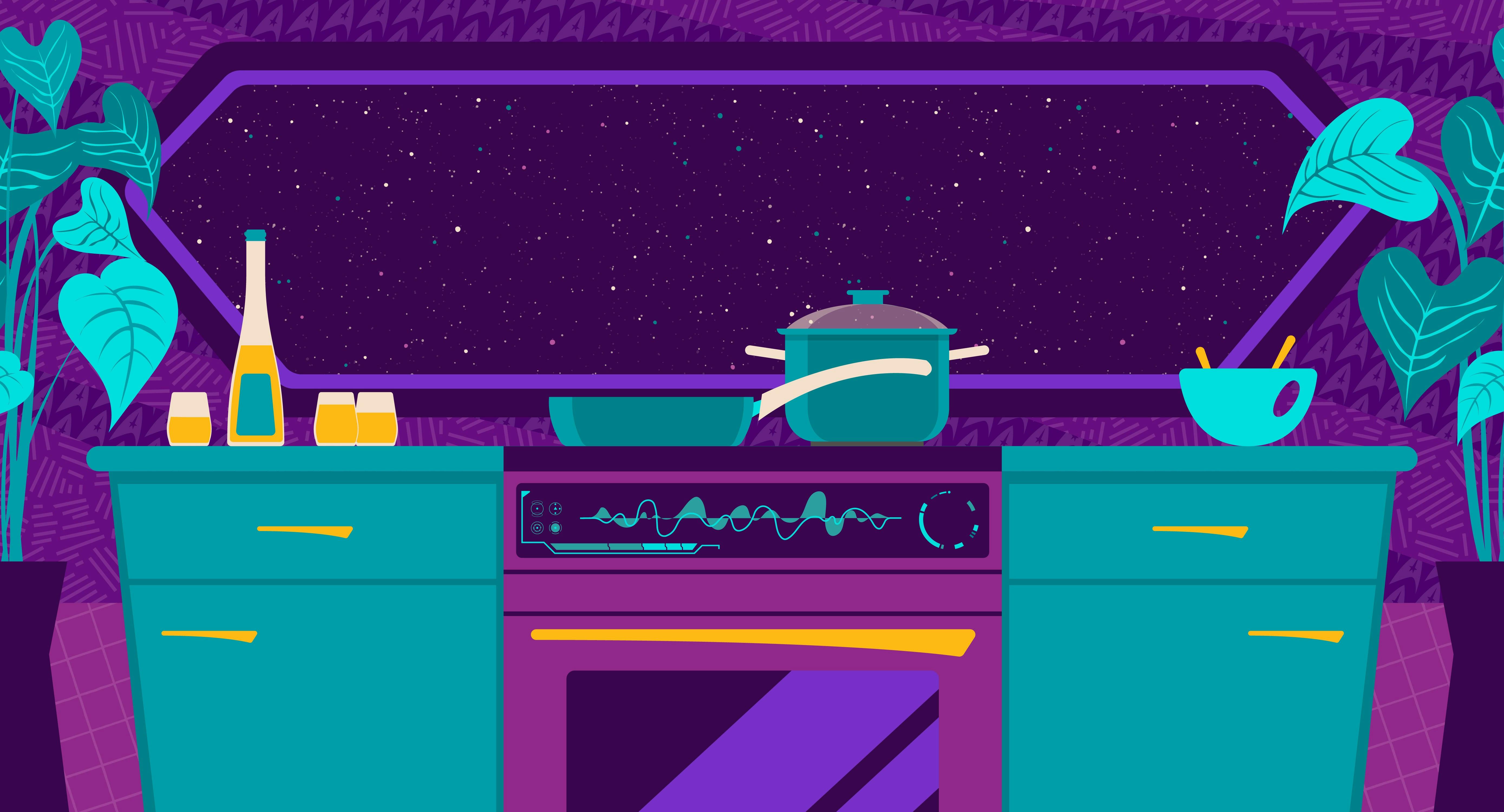 An illustrated banner of a Star Trek kitchen with a view of the galaxy 