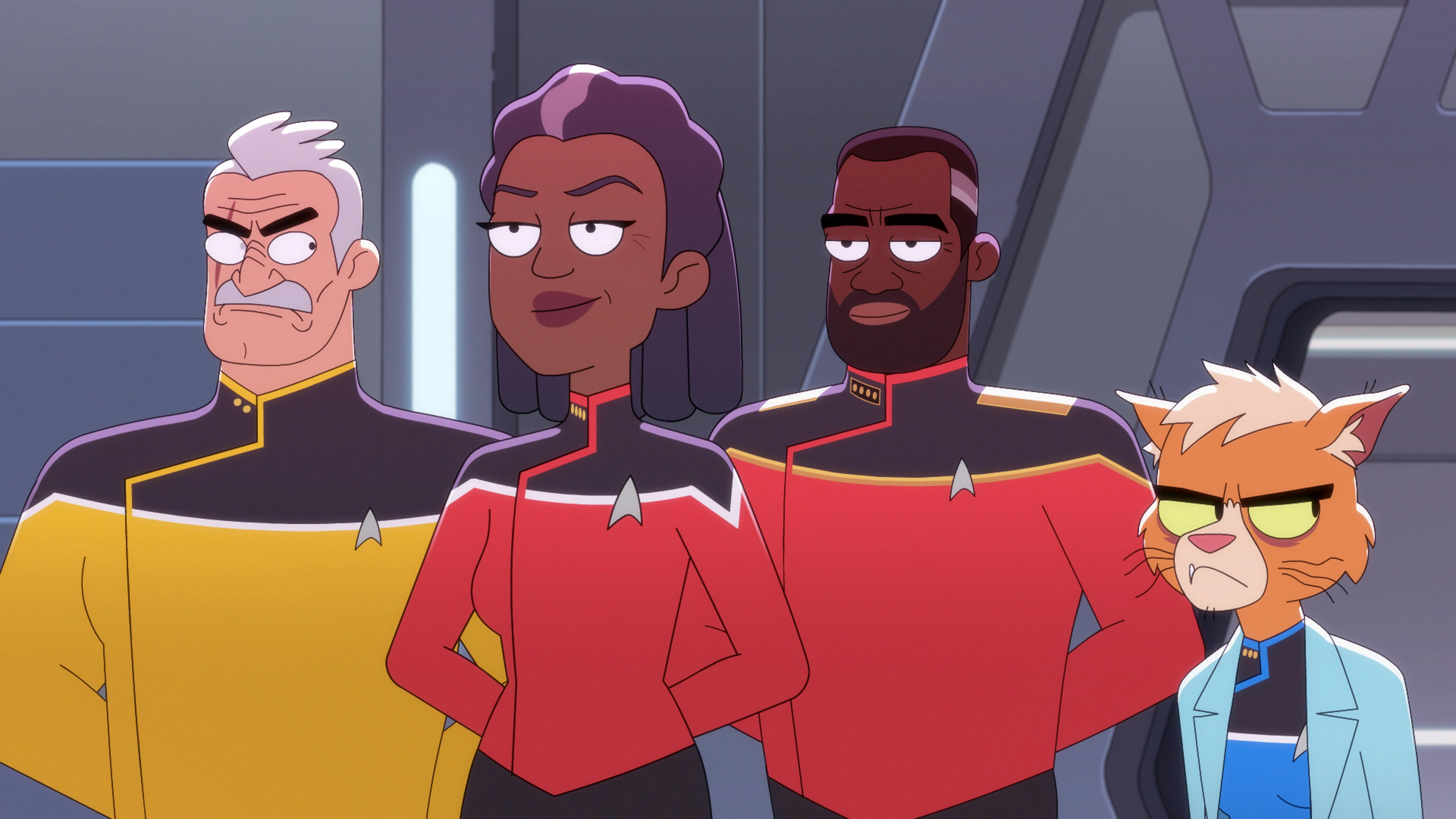Lt. Shaxs, Captain Freeman, Admiral Freeman, and Dr. T'Ana stand proudly on the Cerritos.