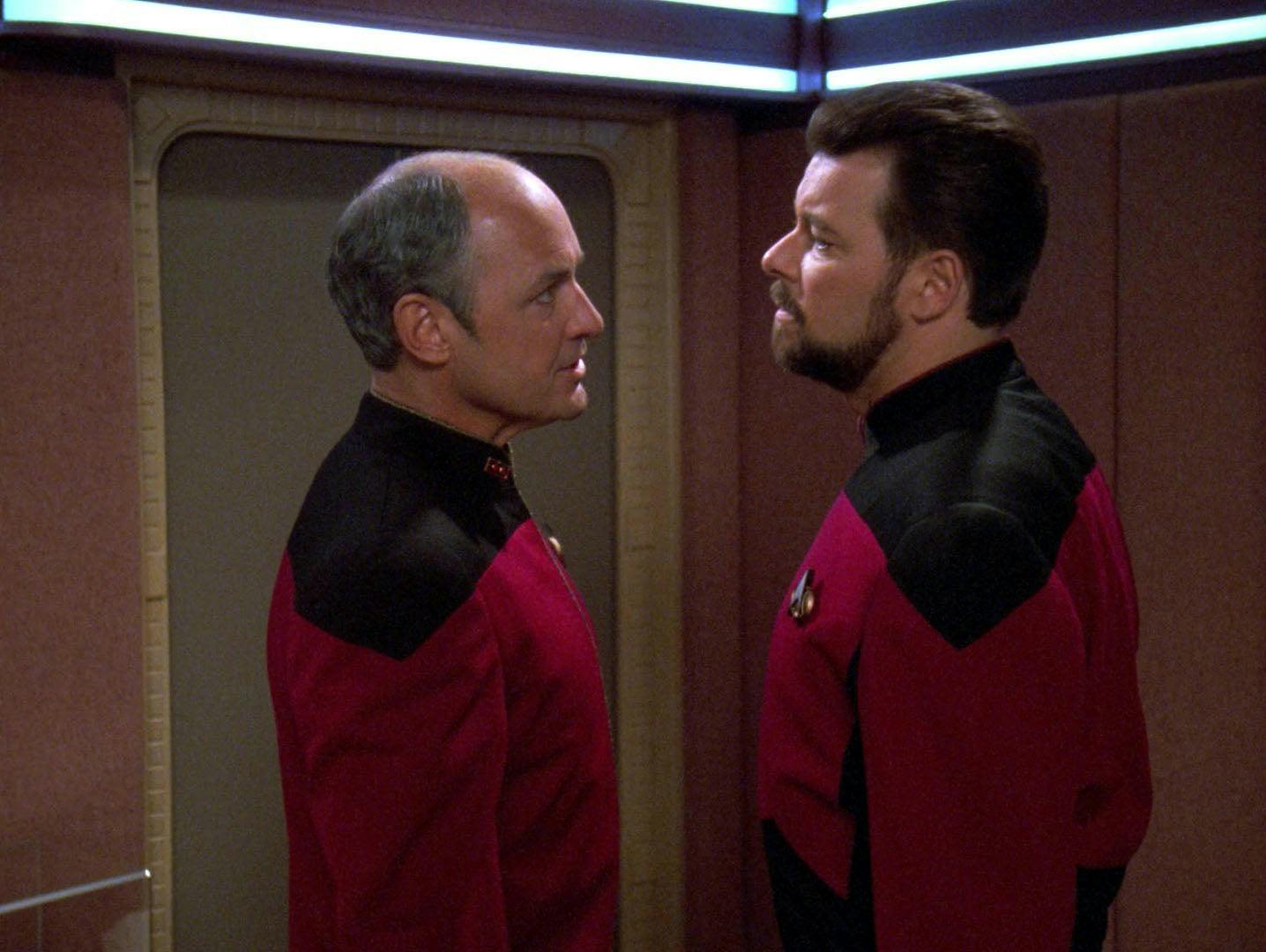 Admiral Pressman (Terry O’Quinn) makes it clear to Commander Riker (Jonathan Frakes) once again that the illegal cloaking technology on The Pegasus is more important to him than Enterprise or the lives of her crew, “The Pegasus”