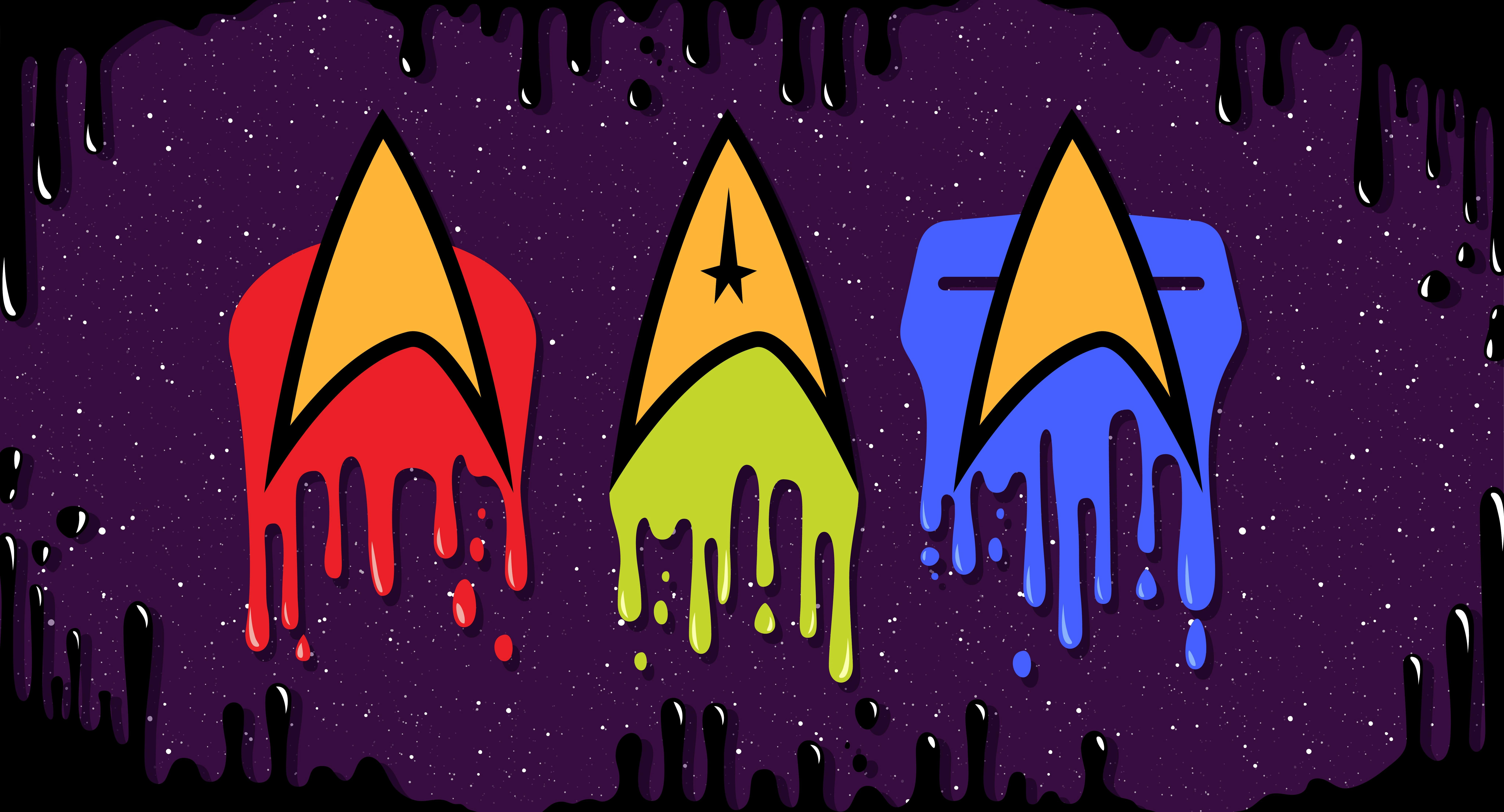 Three Starfleet deltas float against a purple space background.