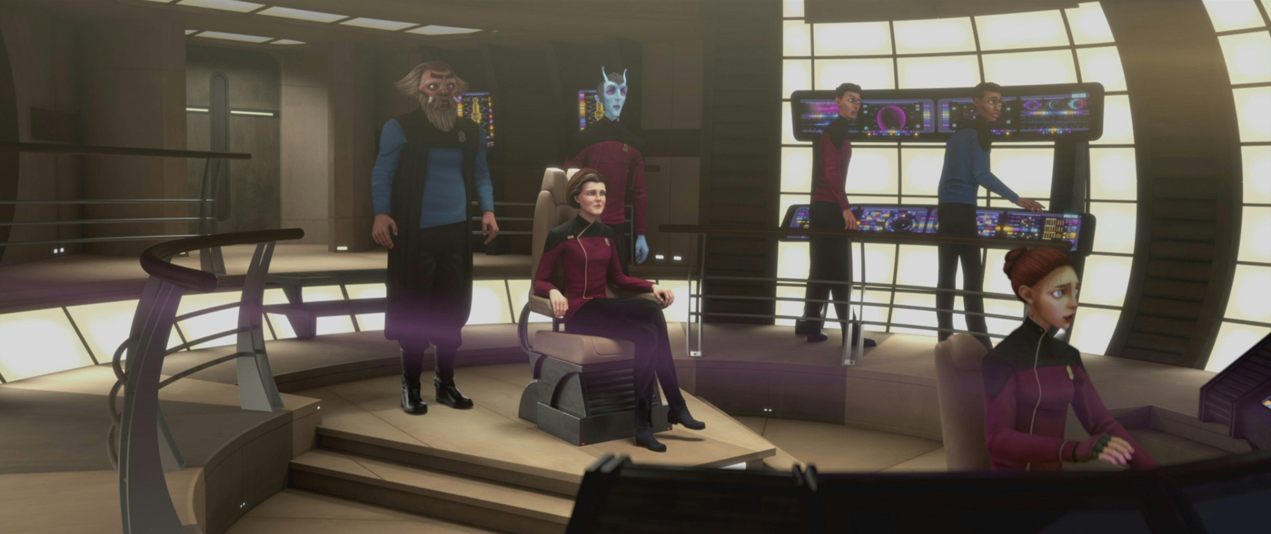 Admiral Janeway in her captain's chair along with the Defiant crew look ahead in shock in 'Let Sleeping Borg Lie'