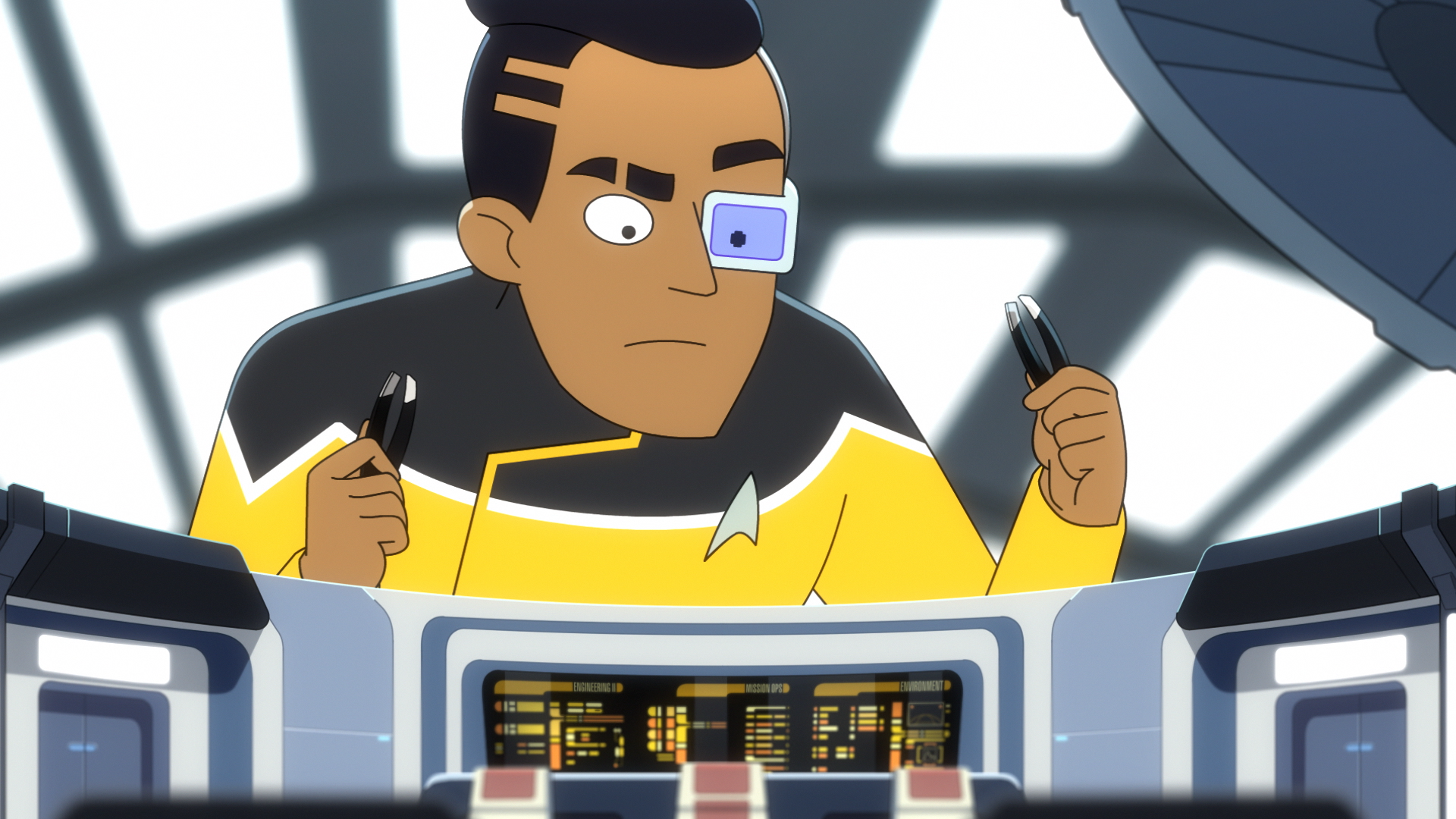 Ensign Rutherford prepares to destroy a tiny warp core model in the latest episode of Star Trek: Lower Decks