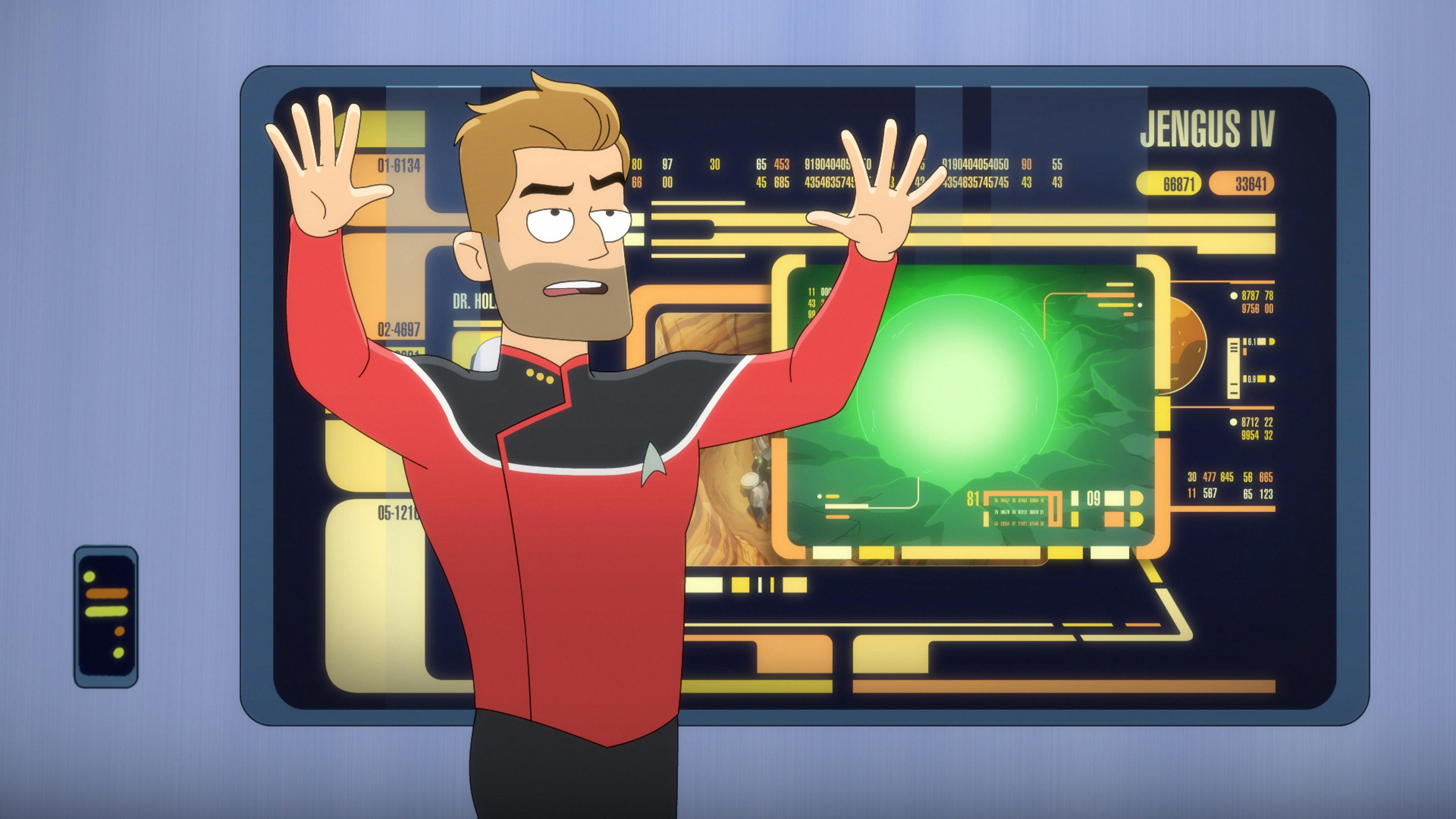 Commander Ransom gestures in front of a viewscreen.