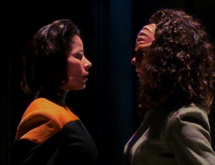 B'Elanna Torres is split into two people — one fully Klingon and one fully human in 'Faces'