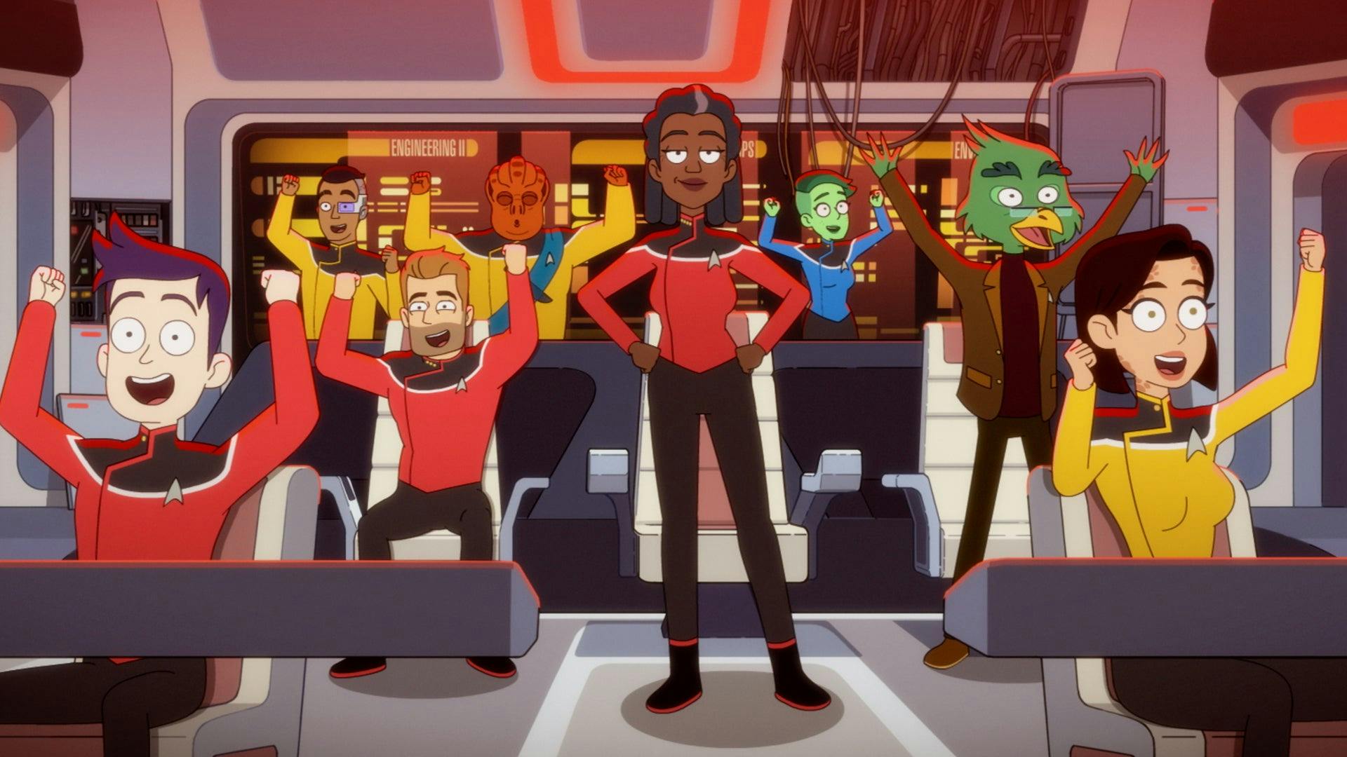 Freeman stands proud on the Bridge as her crew in their stations cheer on Star Trek: Lower Decks