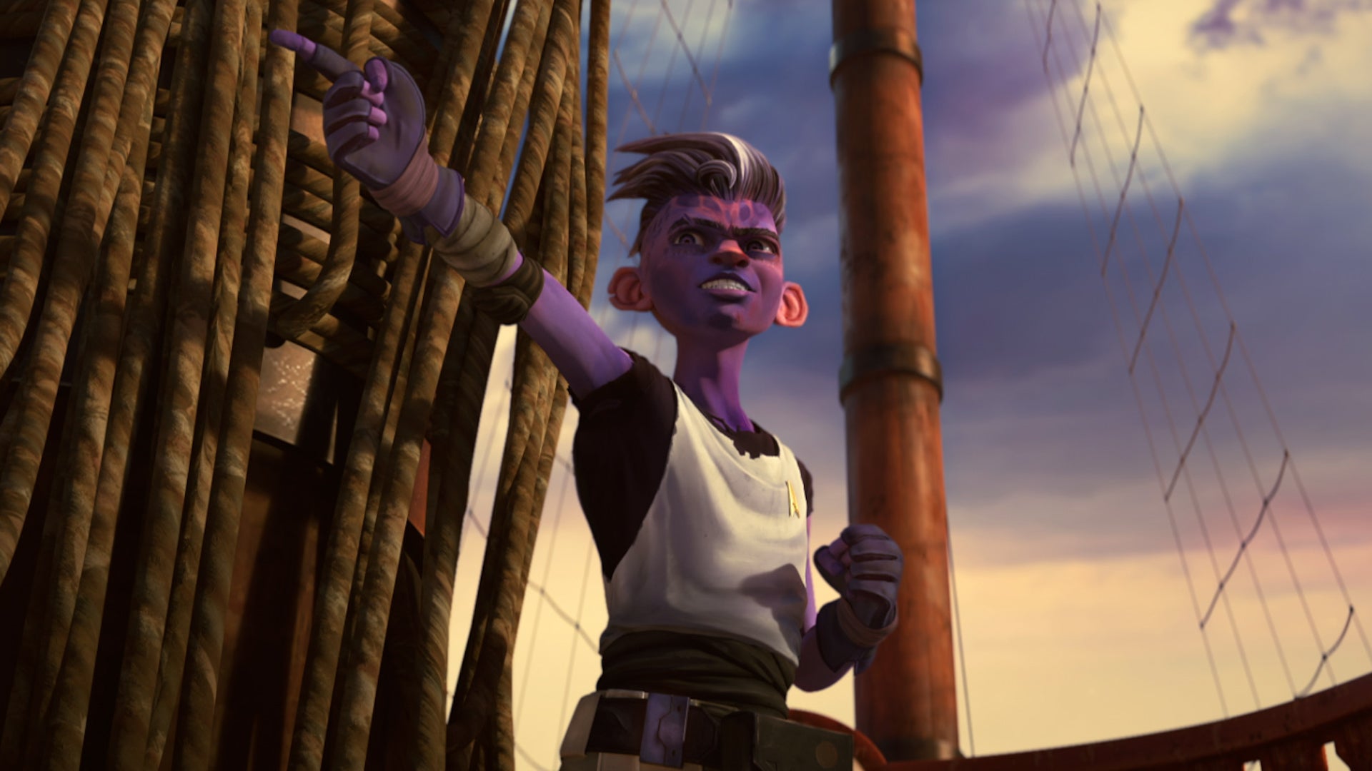 Dal aboard his pirate ship clinging to the mast as he puts to the open sea on Star Trek: Prodigy