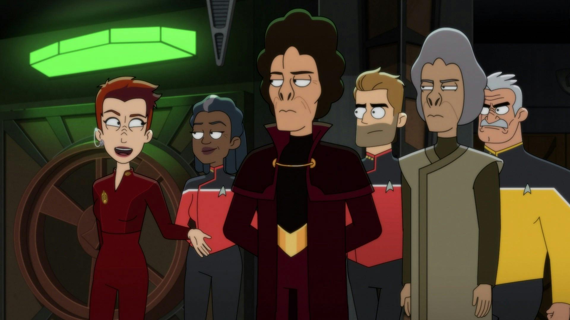 Kira leads Captain Freeman and her crew, as well as alien dignitaries, through the promenade.