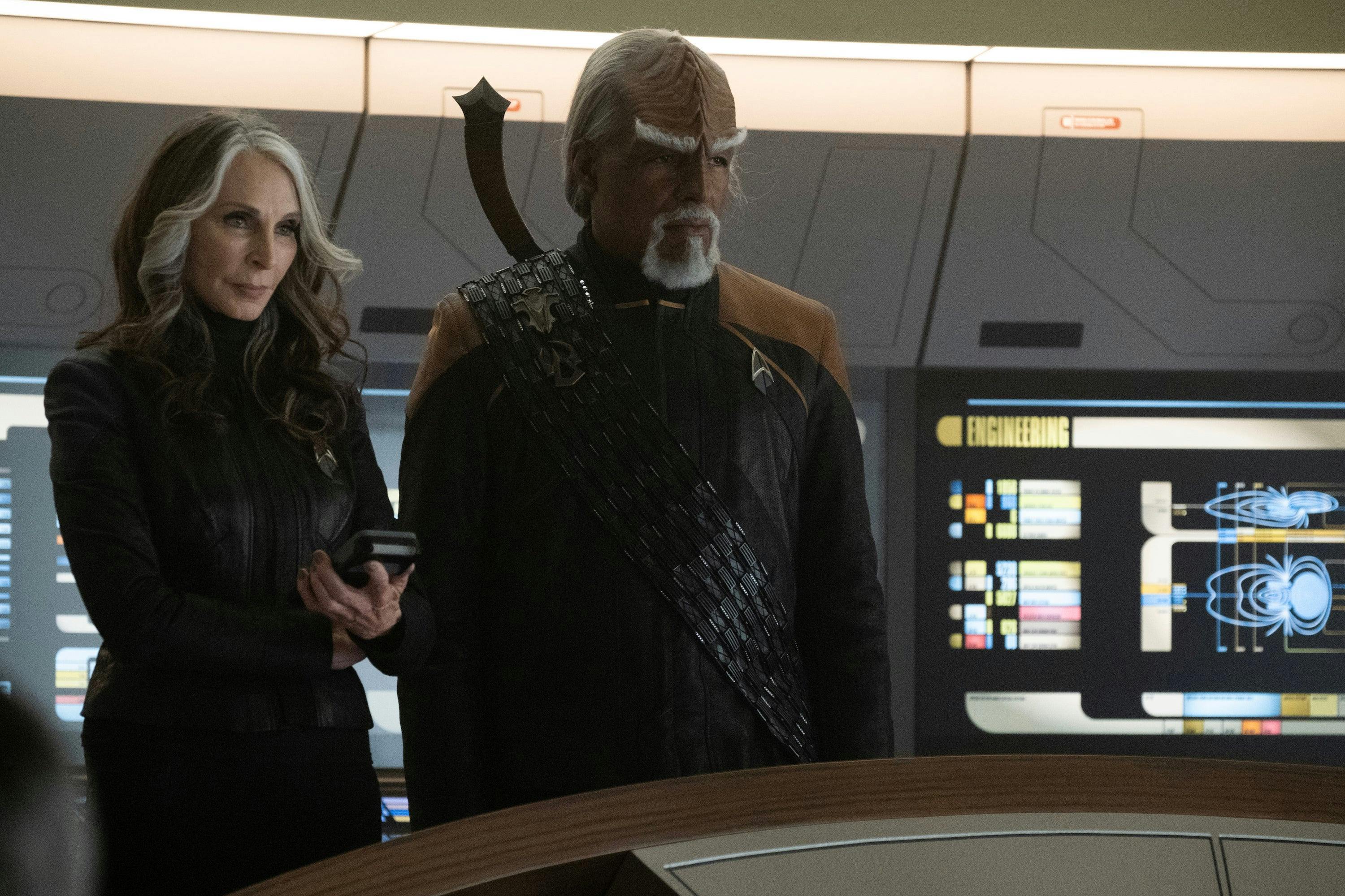 Beverly Crusher and Worf stand aboard the reconstructed Enterprise-D in 'Võx'