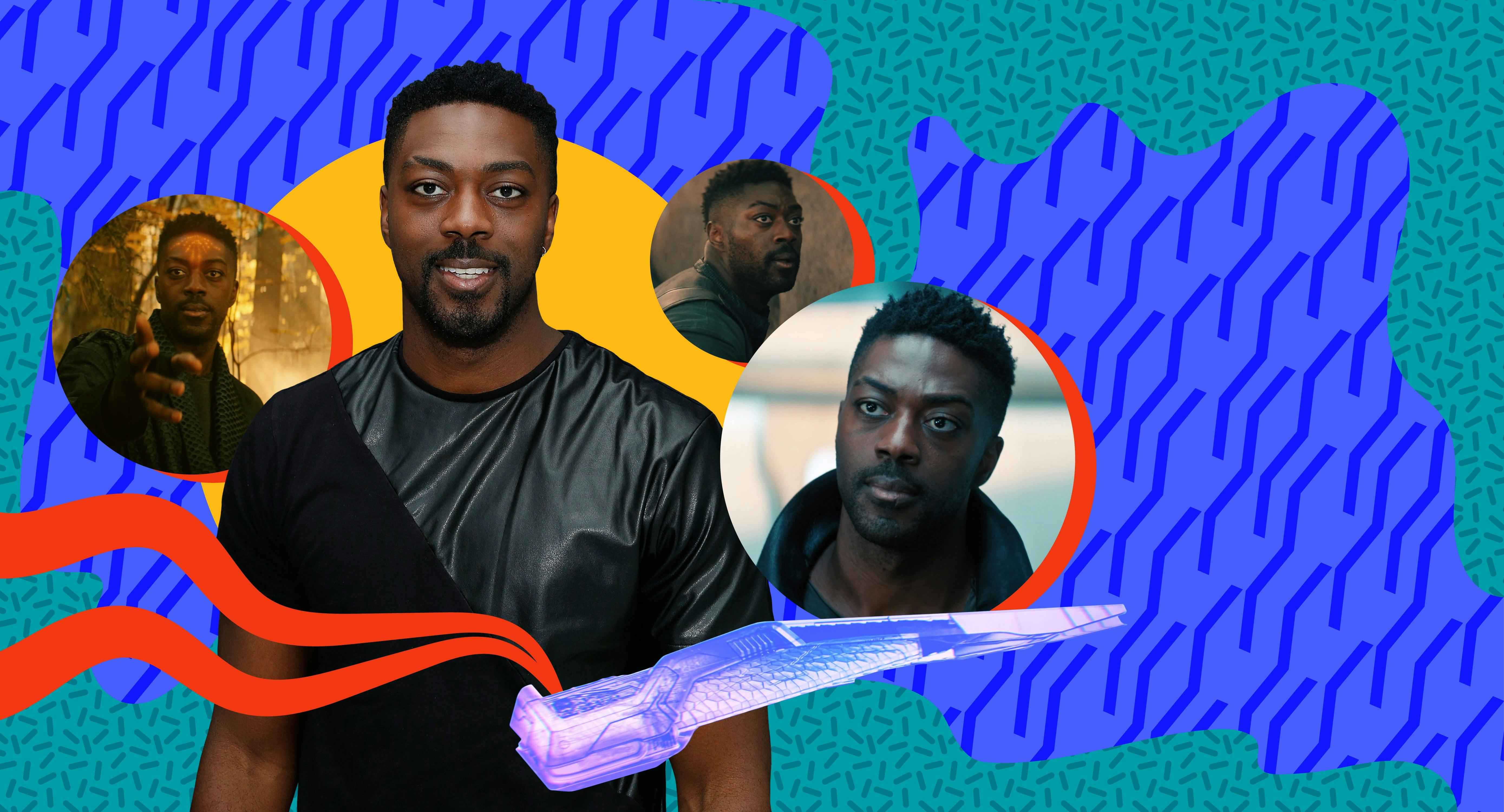 Illustrated banner of David Ajala and his Star Trek: Discovery character Cleveland 'Book' Booker
