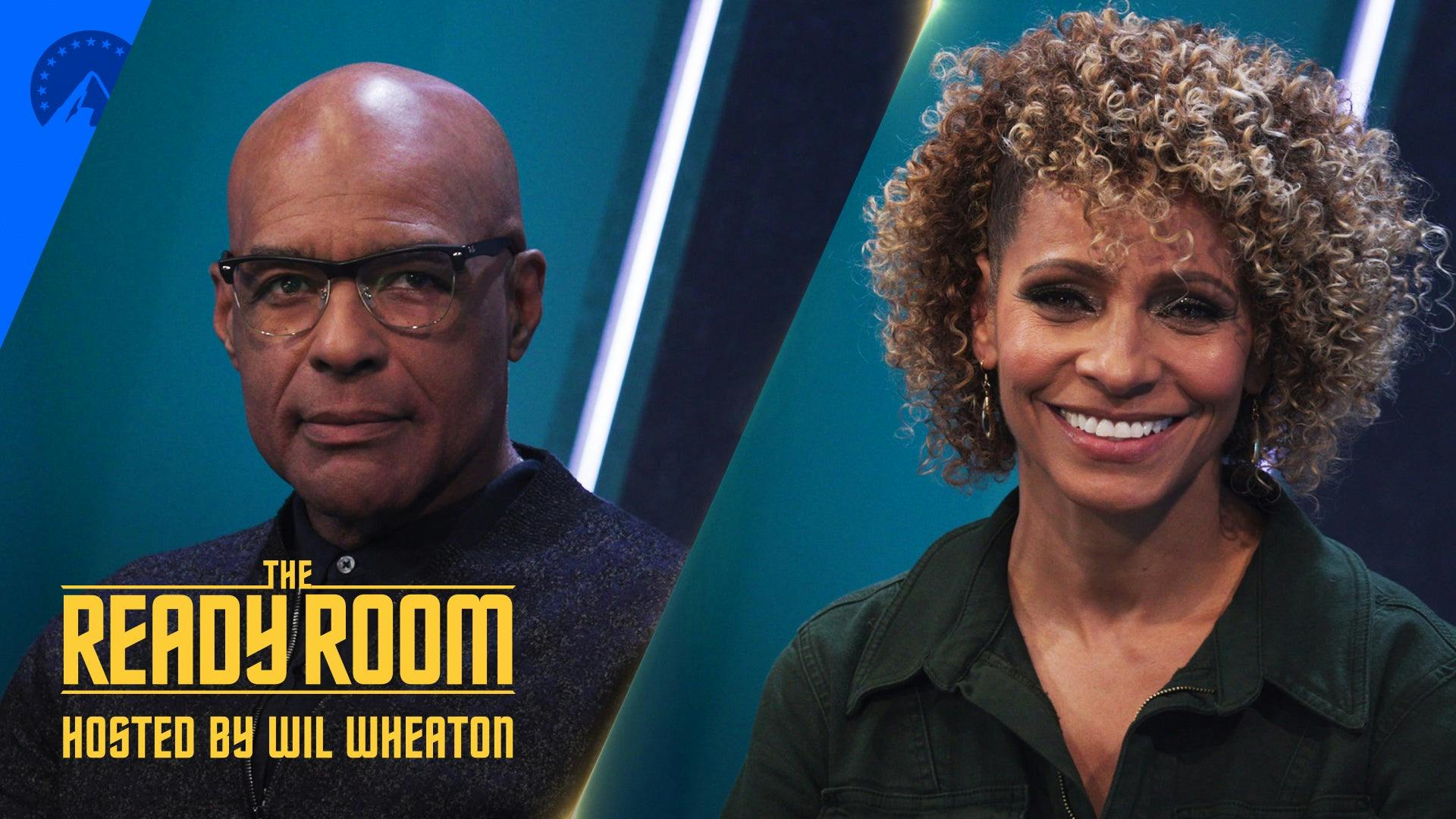 Split image of Michael Dorn and Michelle Hurd on The Ready Room