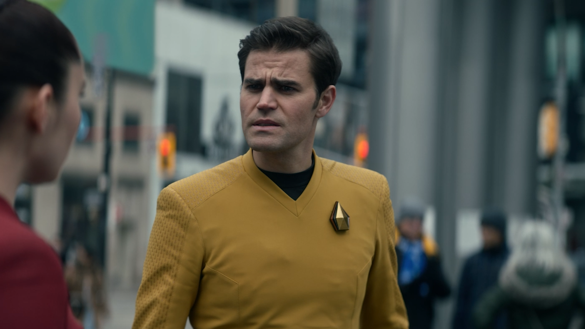 Close-up of James T. Kirk looking at La'An in the middle of Toronto in 'Tomorrow and Tomorrow and Tomorrow'