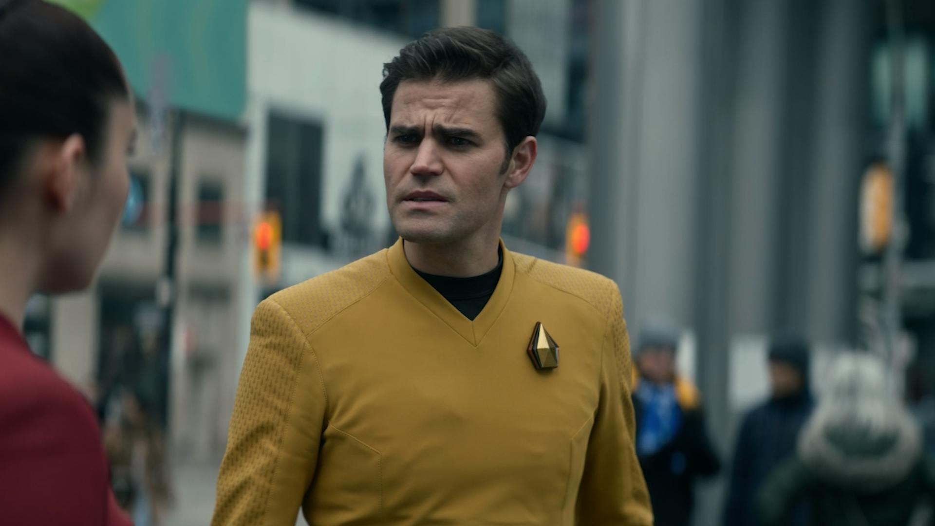 Close-up of James T. Kirk looking at La'An in the middle of Toronto in 'Tomorrow and Tomorrow and Tomorrow'