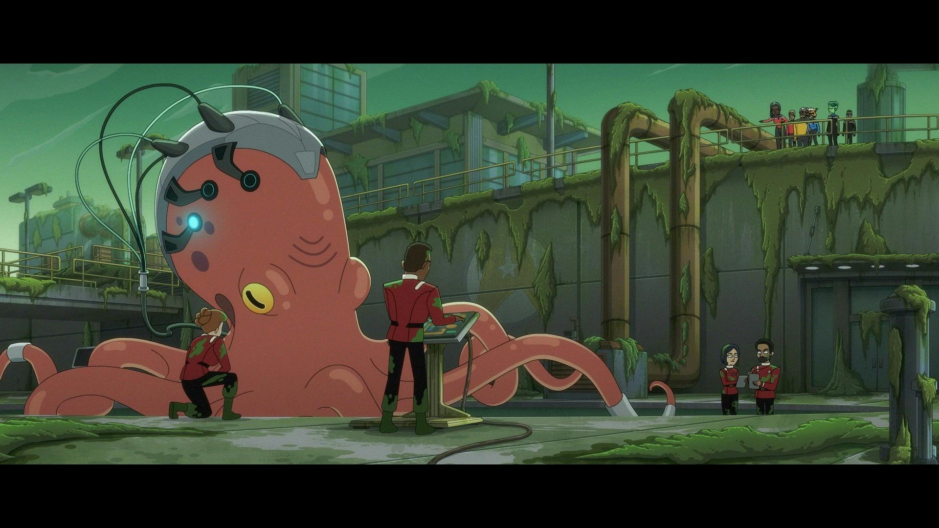 A giant octopus has sensors attached to it.
