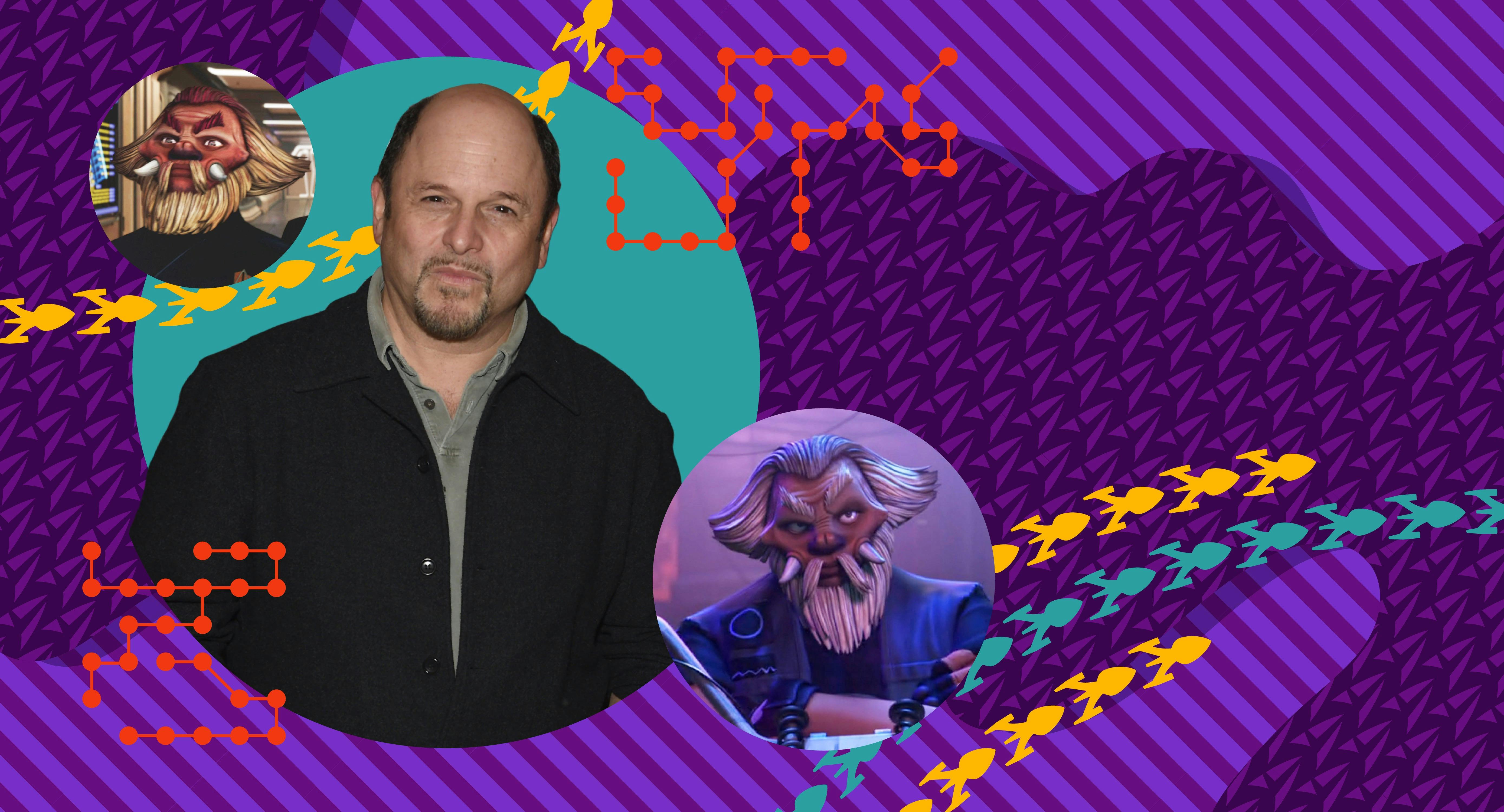 Illustrated banner of Jason Alexander and his Star Trek: Prodigy's character Dr. Noum