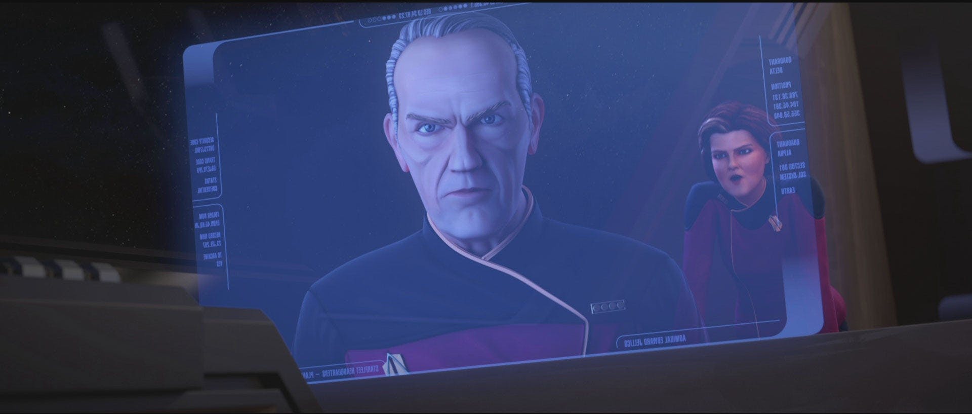 Admiral Jellico talks to Admiral Janeway on a viewscreen.