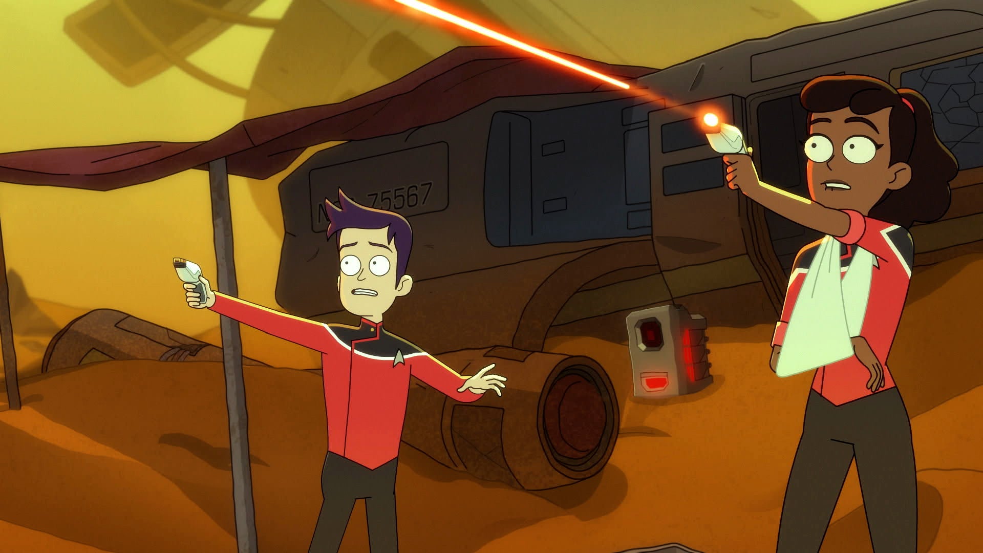 Boimler and Mariner fire their phasers at something off screen in the mid-season trailer for Star Trek: Lower Decks season two.