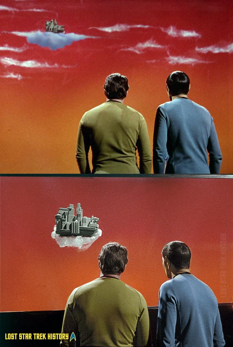 Captain Kirk and Spock looking up at the floating city