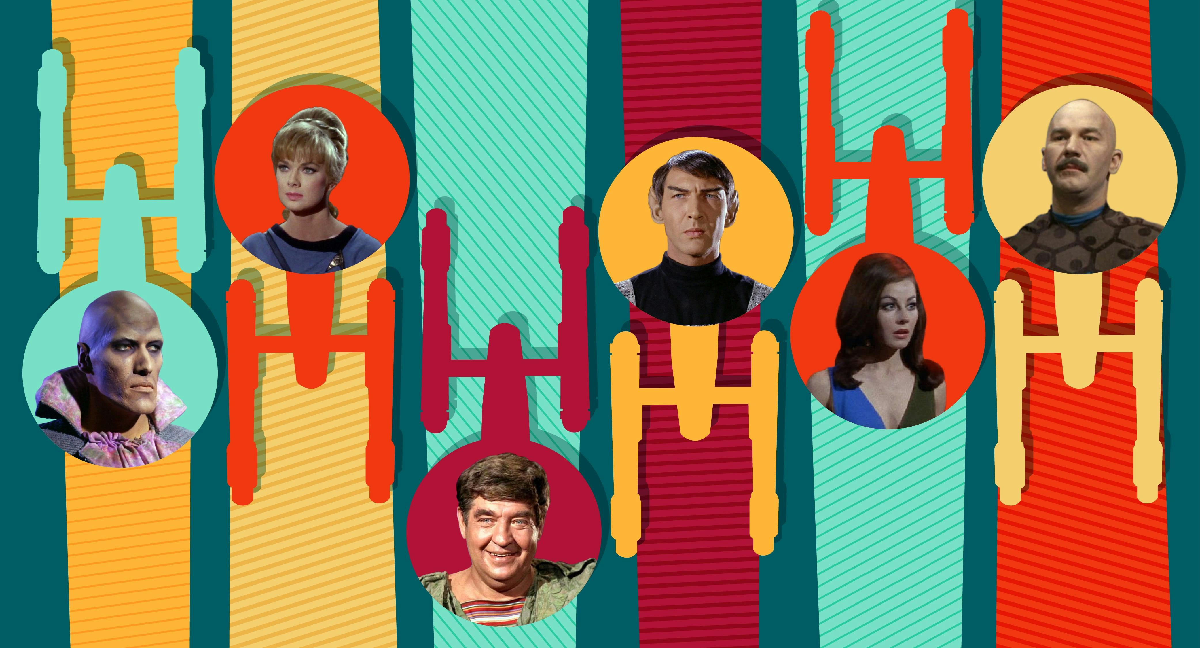 Collage of Star Trek: The Original Series guest stars placed on the hull of alternating starship Enterprise