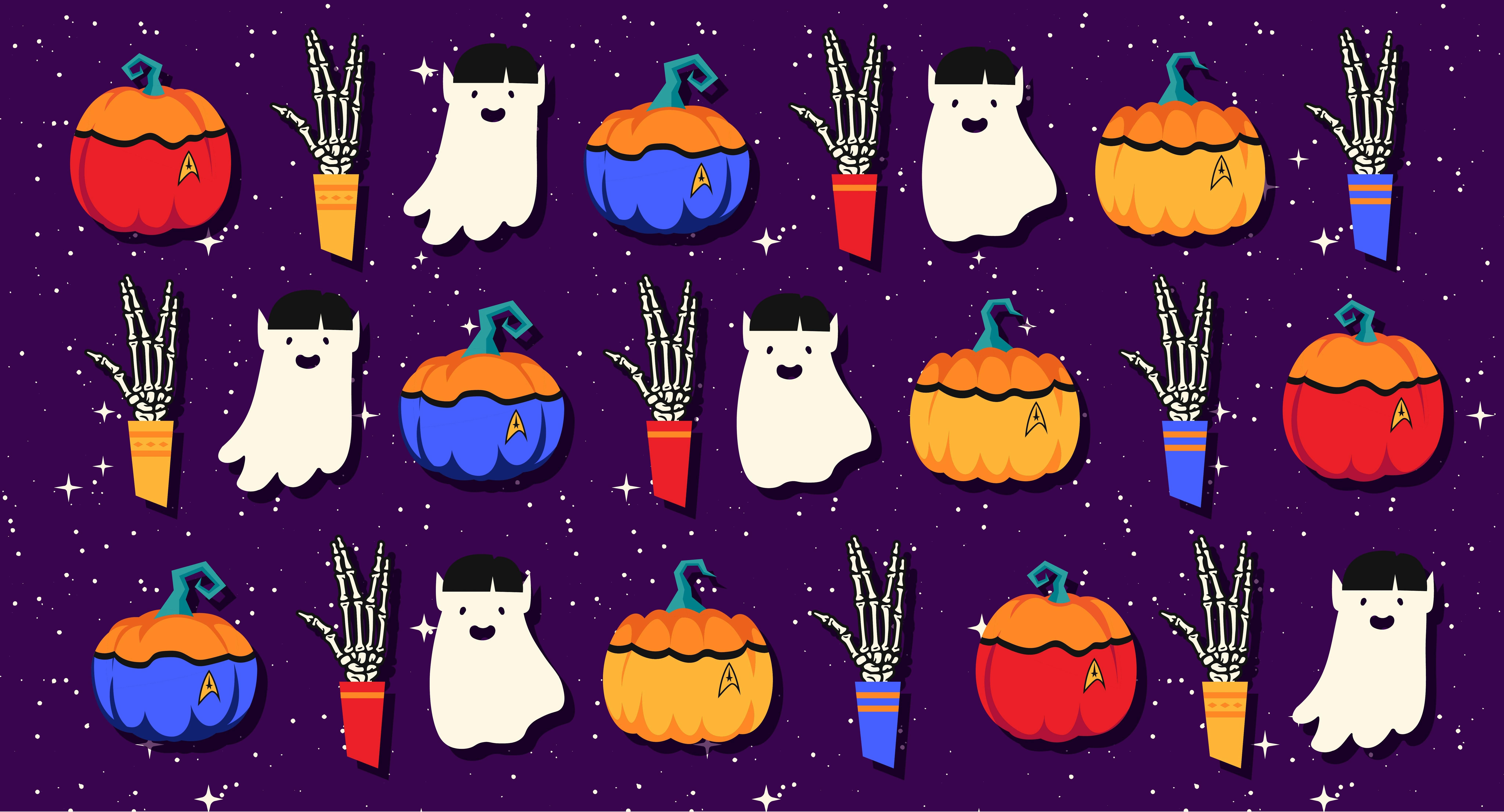 A repeated pattern of pumpkins in Starfleet uniforms, Vulcan ghosts, and skeletal hands giving the Vulcan salute are set against a purple backdrop.