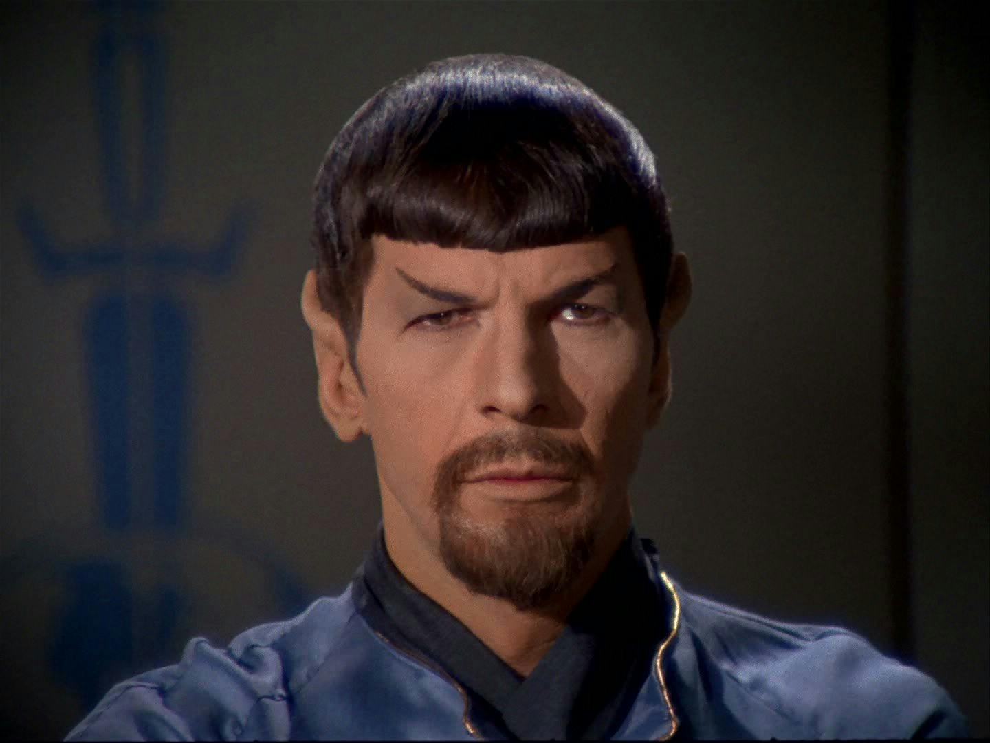 Close-up of Mirror Universe Spock with a stern glare sporting a goatee in 'Mirror, Mirror'