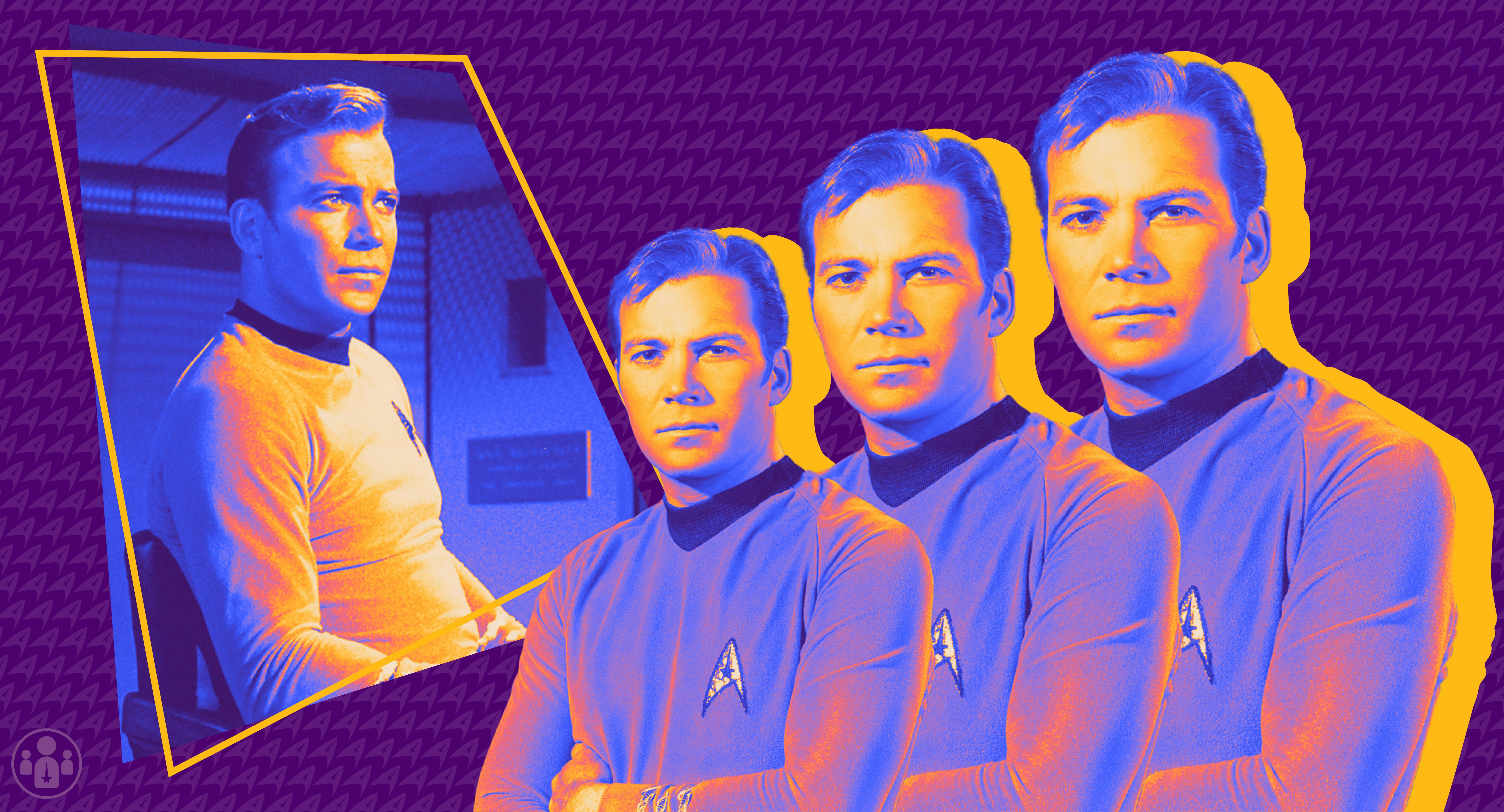 Two photos of Captain Kirk (The Original Series). One is of him on the bridge in his gold captain's uniform; the other is a cut out of him repeated three times. The images are purple and yellow.