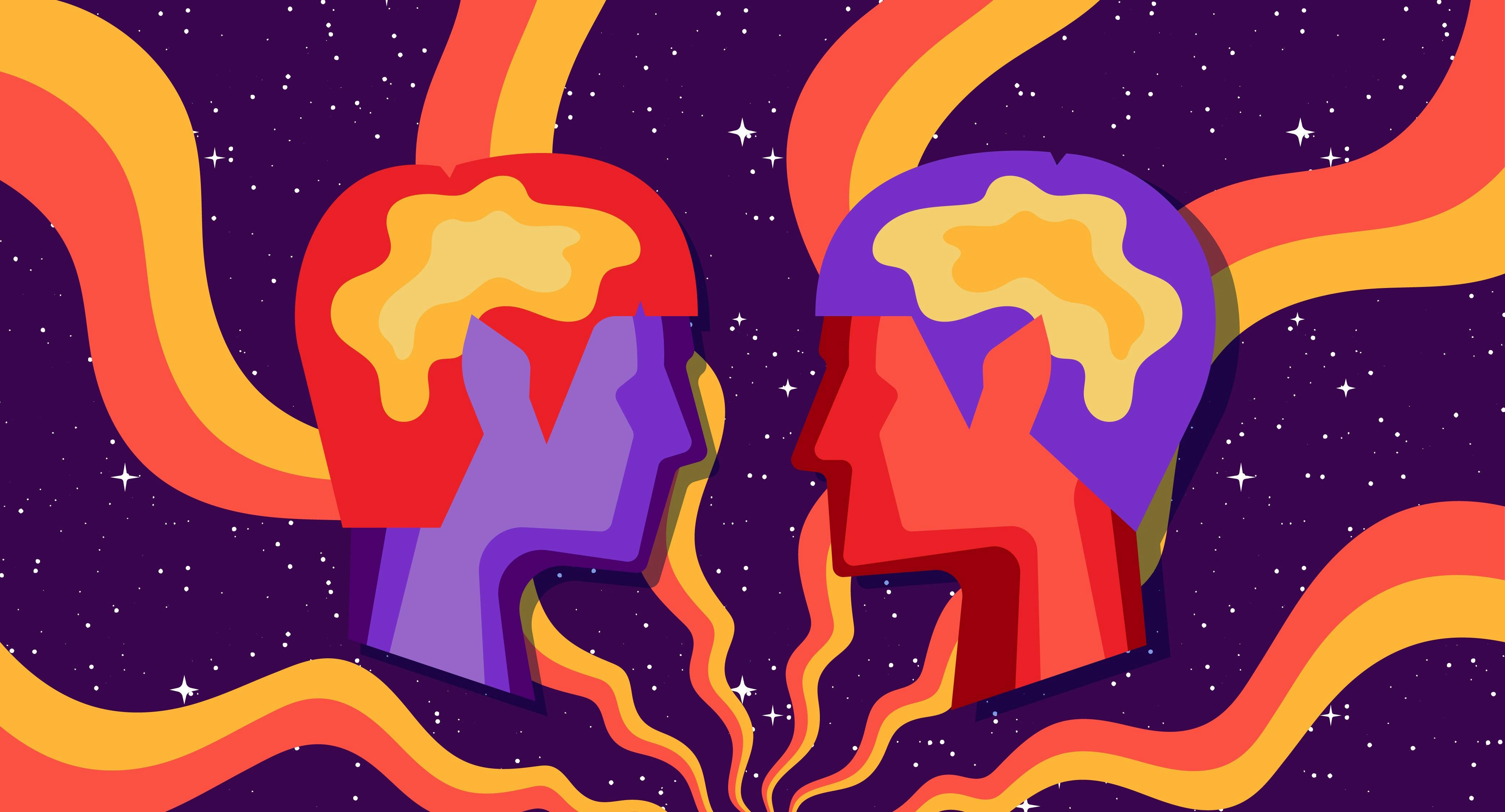 Two illustrated Vulcans face each other on a background of purple, yellow, and orange. Yellow blobs on the Vulcans represent their katras.