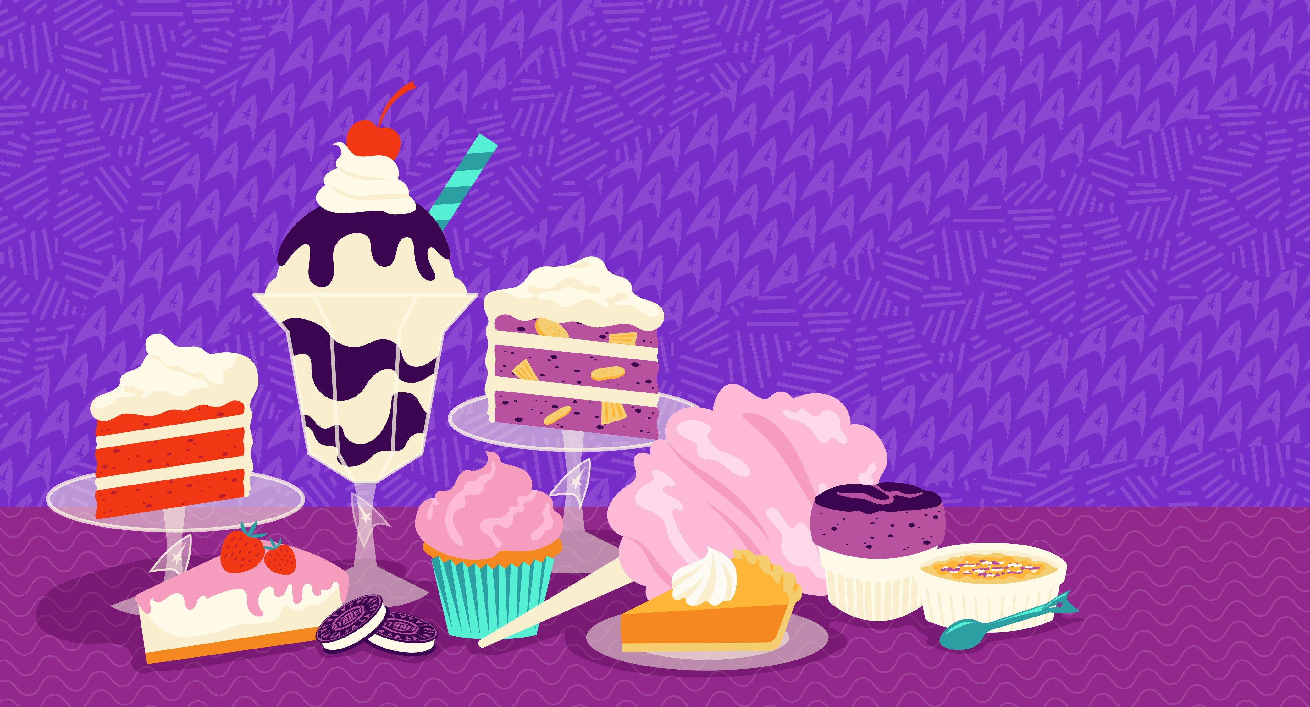 Illustrated images of desserts - including a sundae, pie, and cake - sit on a table against a purple background.