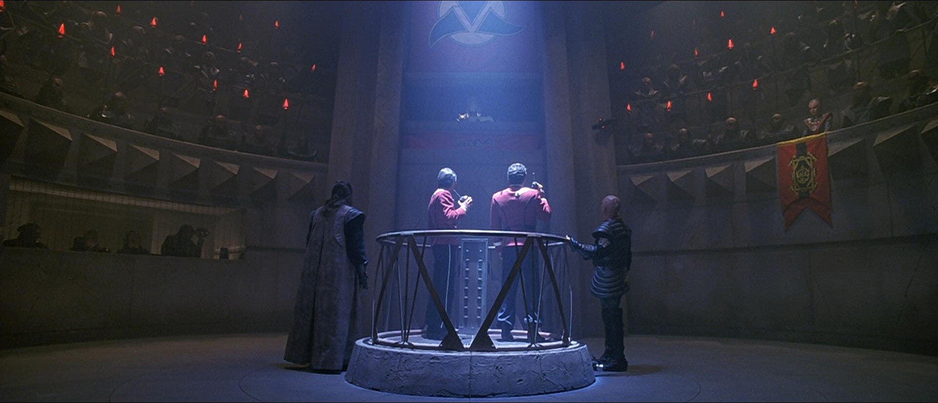 Kirk and McCoy in the center of Klingon Court in The Undiscovered Country