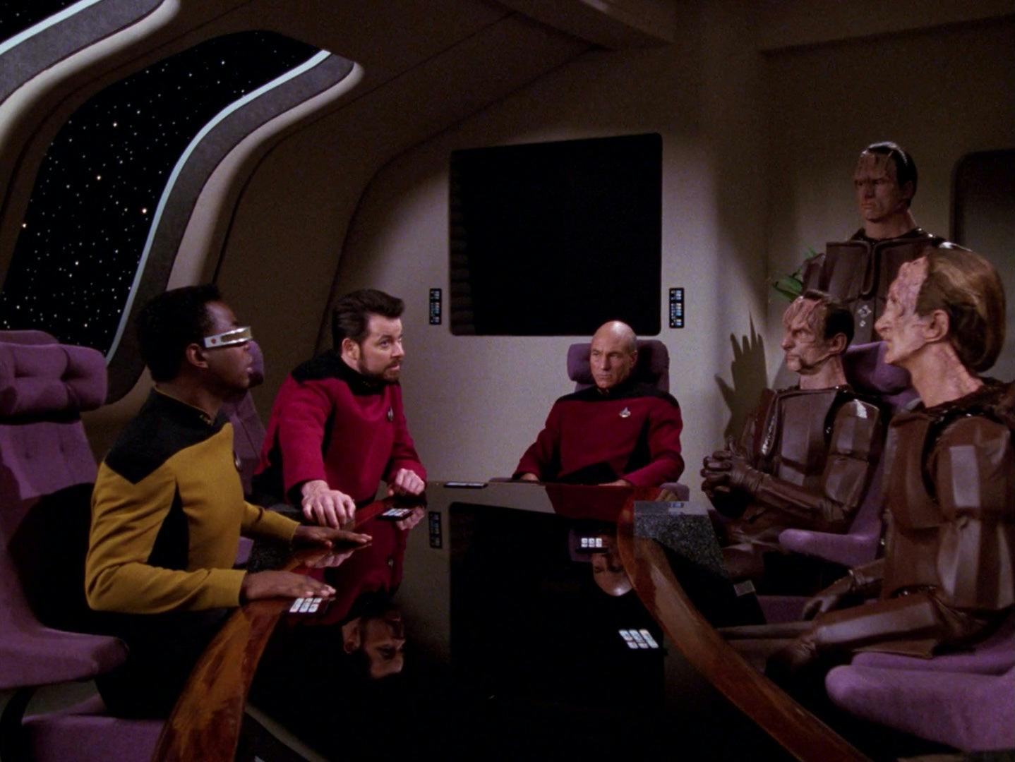 First appearance of the Cardassians in Next Generation, sitting in a conference room aboard the Enterprise