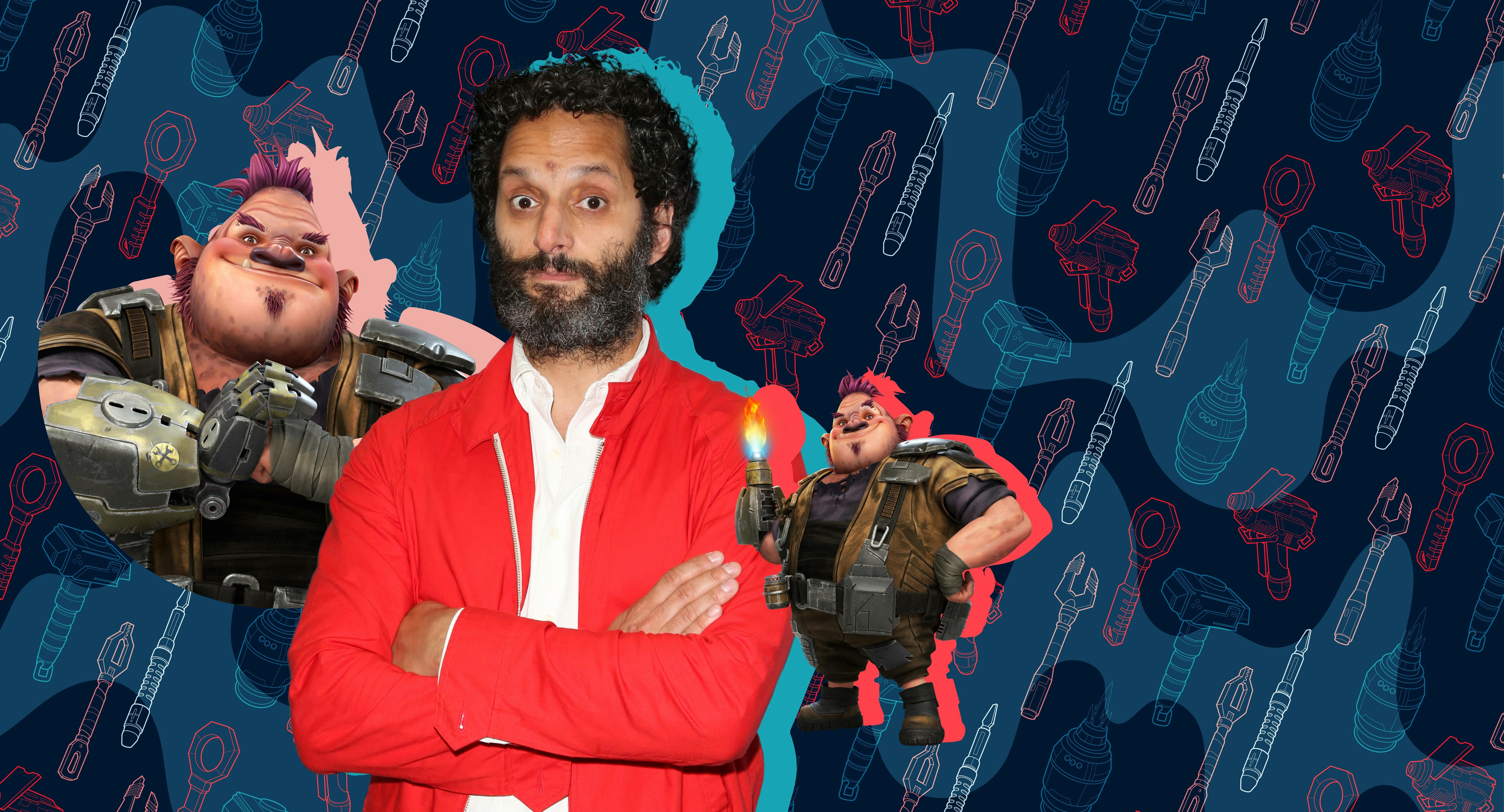 Illustrated banner with Jason Mantzoukas and the Star Trek: Prodigy character Jankom Pog