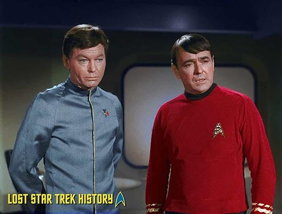 Retouched photo of McCoy and Scotty from a cut scene from 'The Menagerie, Part II'