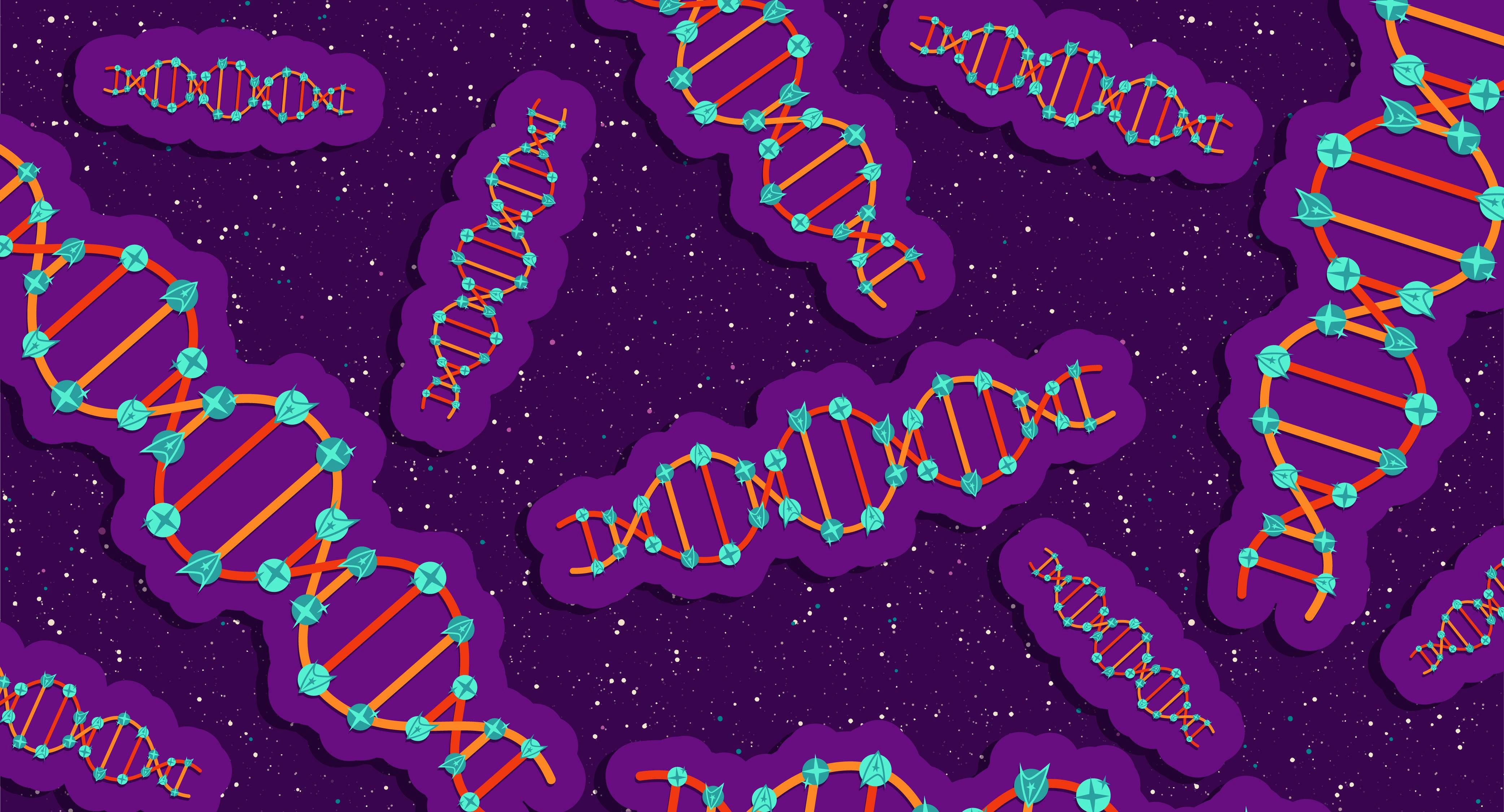Several red and blue DNA strands float against a starry purple background