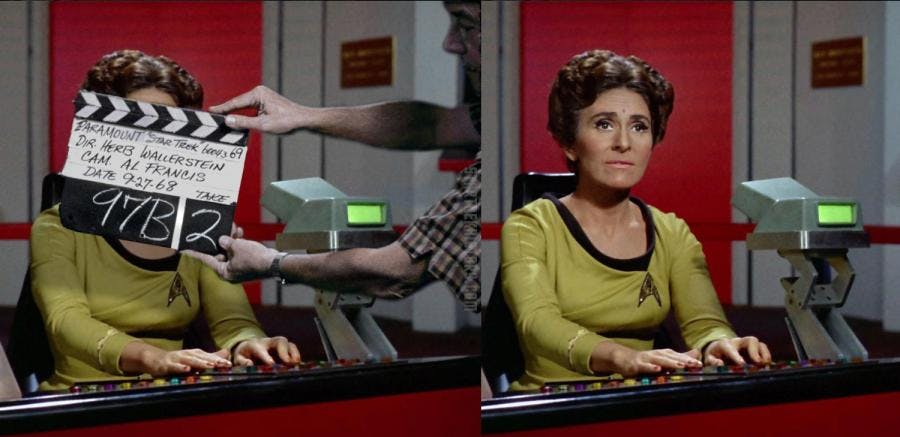 A side-by-side composite, a clapboard is placed in front of Naomi during a production and Lt. Rahda at her station on the bridge of the Enterprise