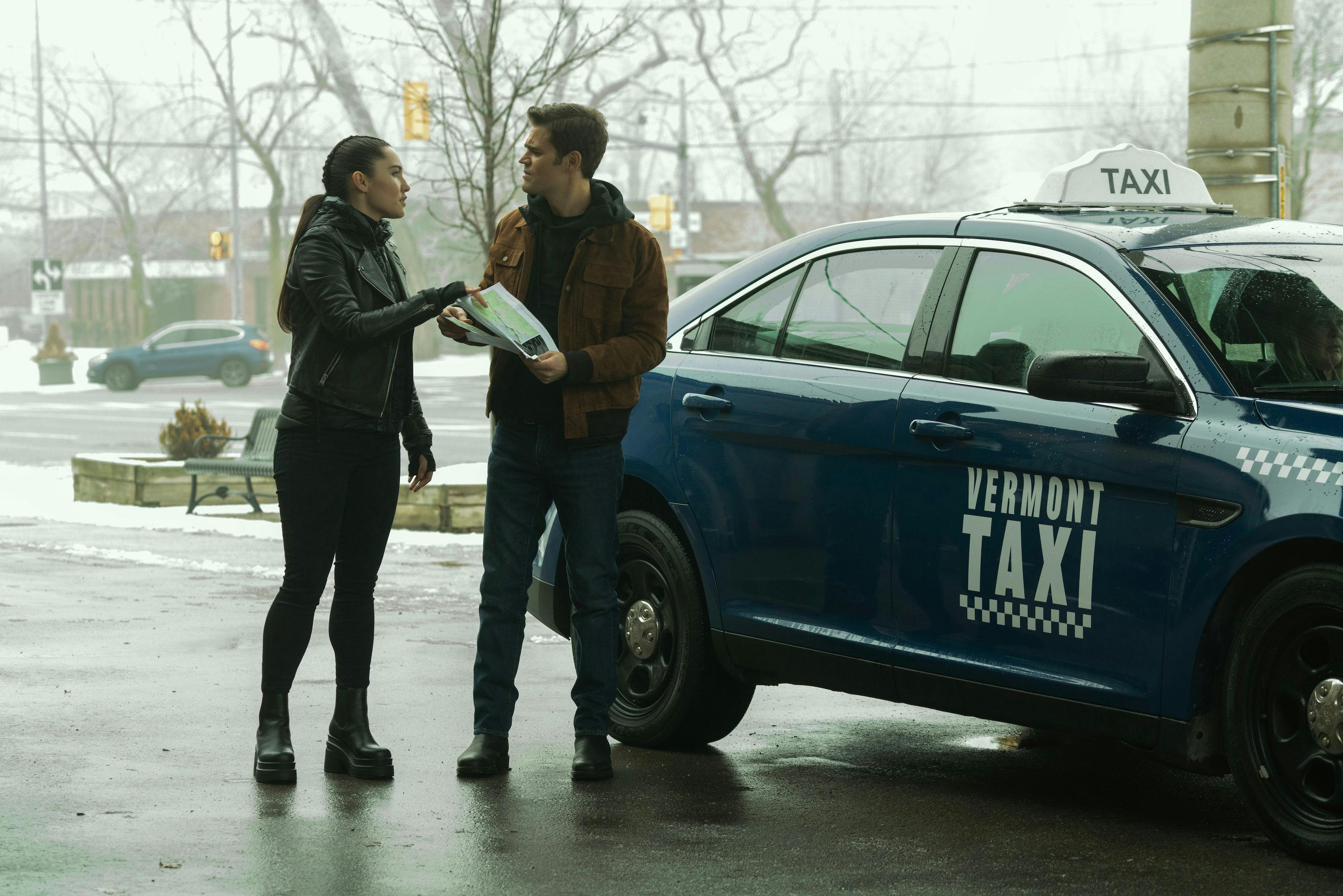 James Kirk and La'An in civilian attire next to a taxi cab in 'Tomorrow and Tomorrow and Tomorrow'