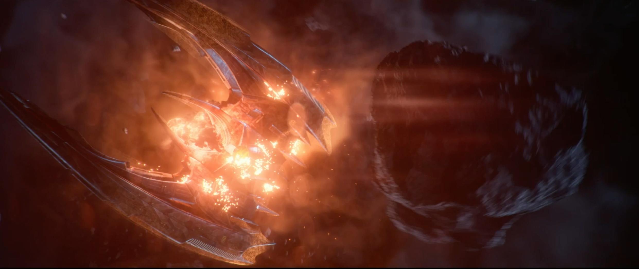 The Shrike damaged from being hit with an asteroid on Star Trek: Picard