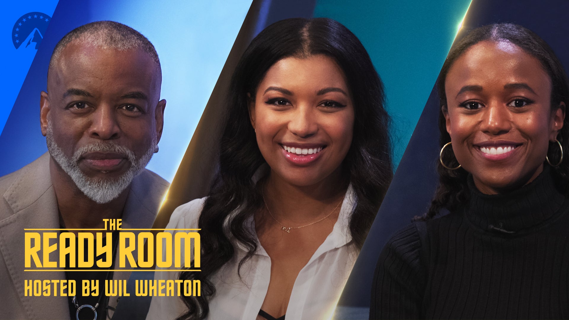 LeVar Burton, Mica Burton, and Ashlei Sharpe Chestnut posing for The Ready Room