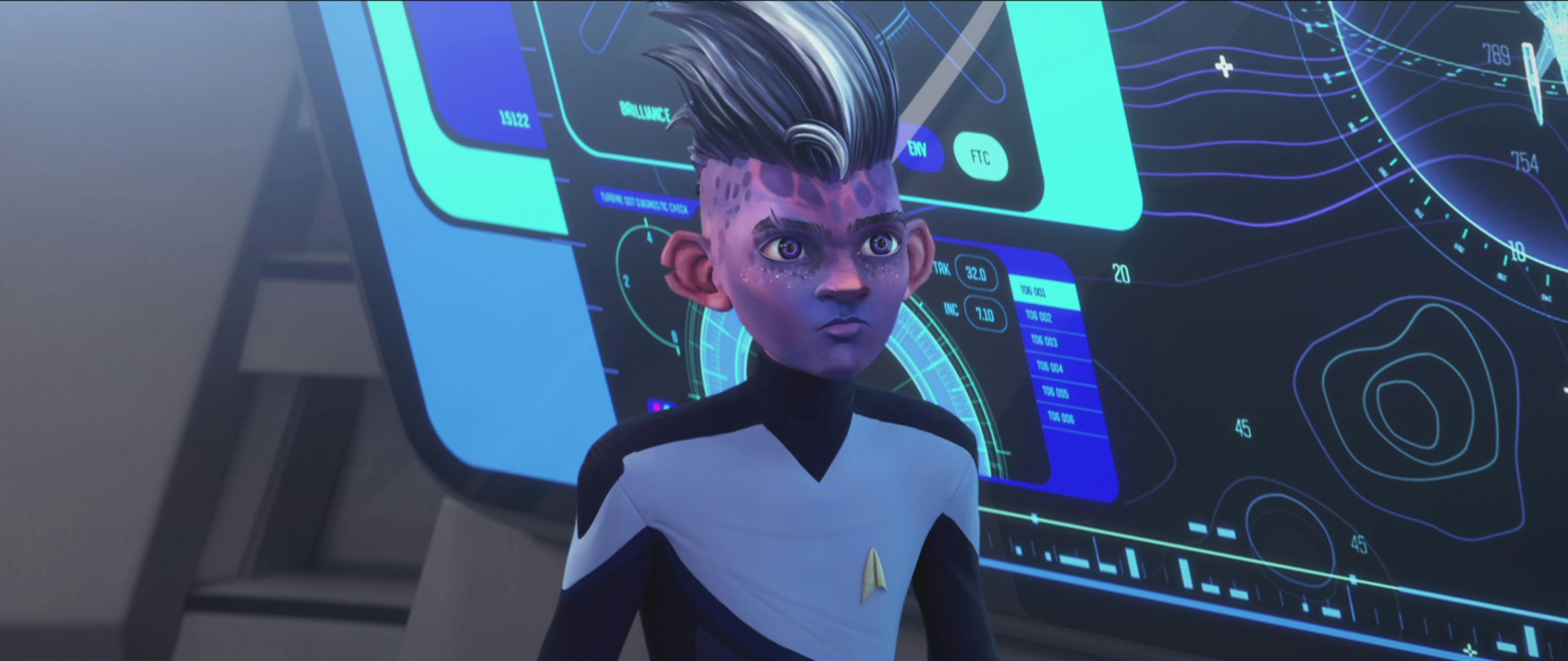 Dal stands in front of a monitor on the Protostar in Star Trek: Prodigy
