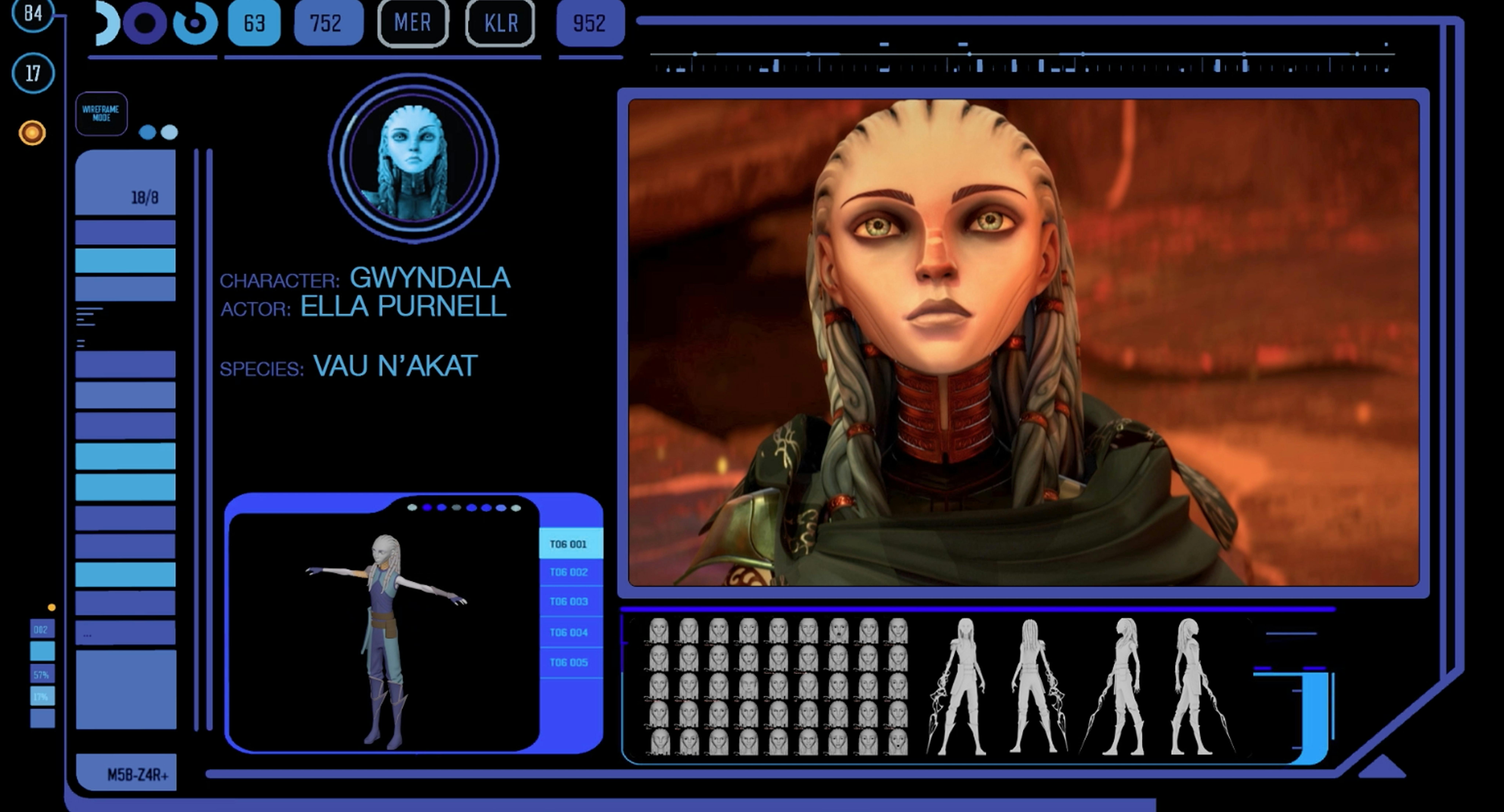 Schematics of Star Trek: Prodigy's Gwyn's character designs and renderings as well as her final on-screen appearance