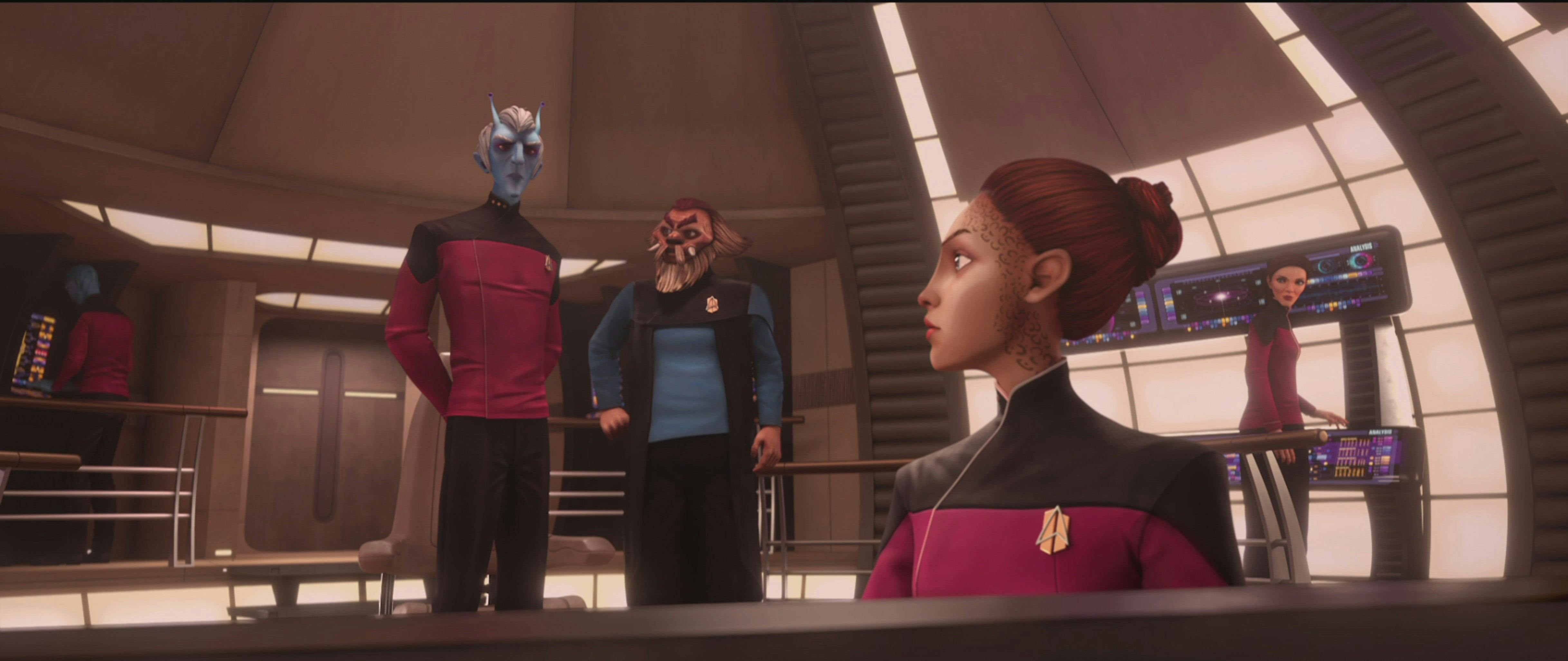 On the Dauntless Bridge, Asencia at the conn looks over to Tysess and Dr. Noum on Star Trek: Prodigy